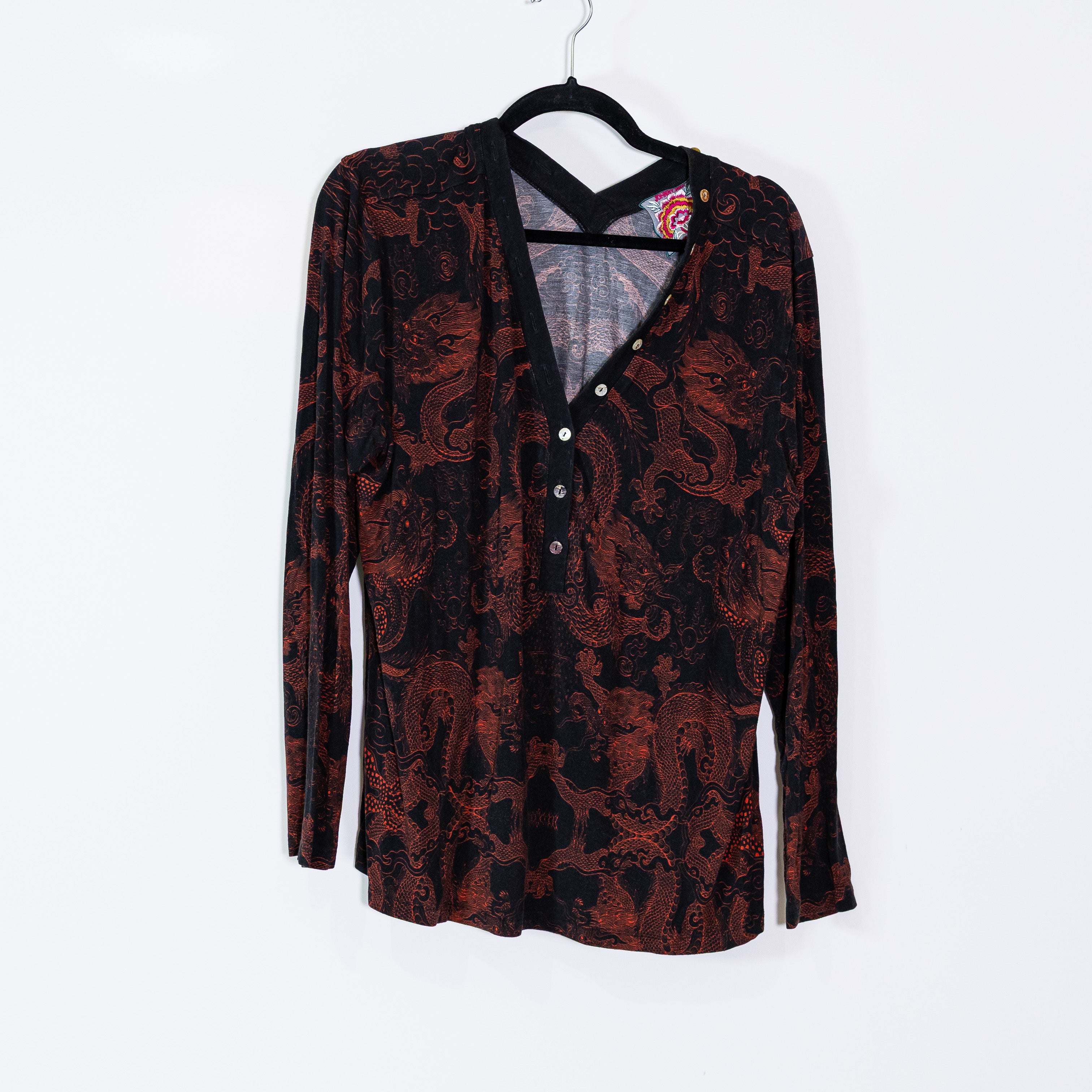Johnny Was Mayla Button Neck Dragon Print Pattern Stretch Long Sleeve Knit Shirt