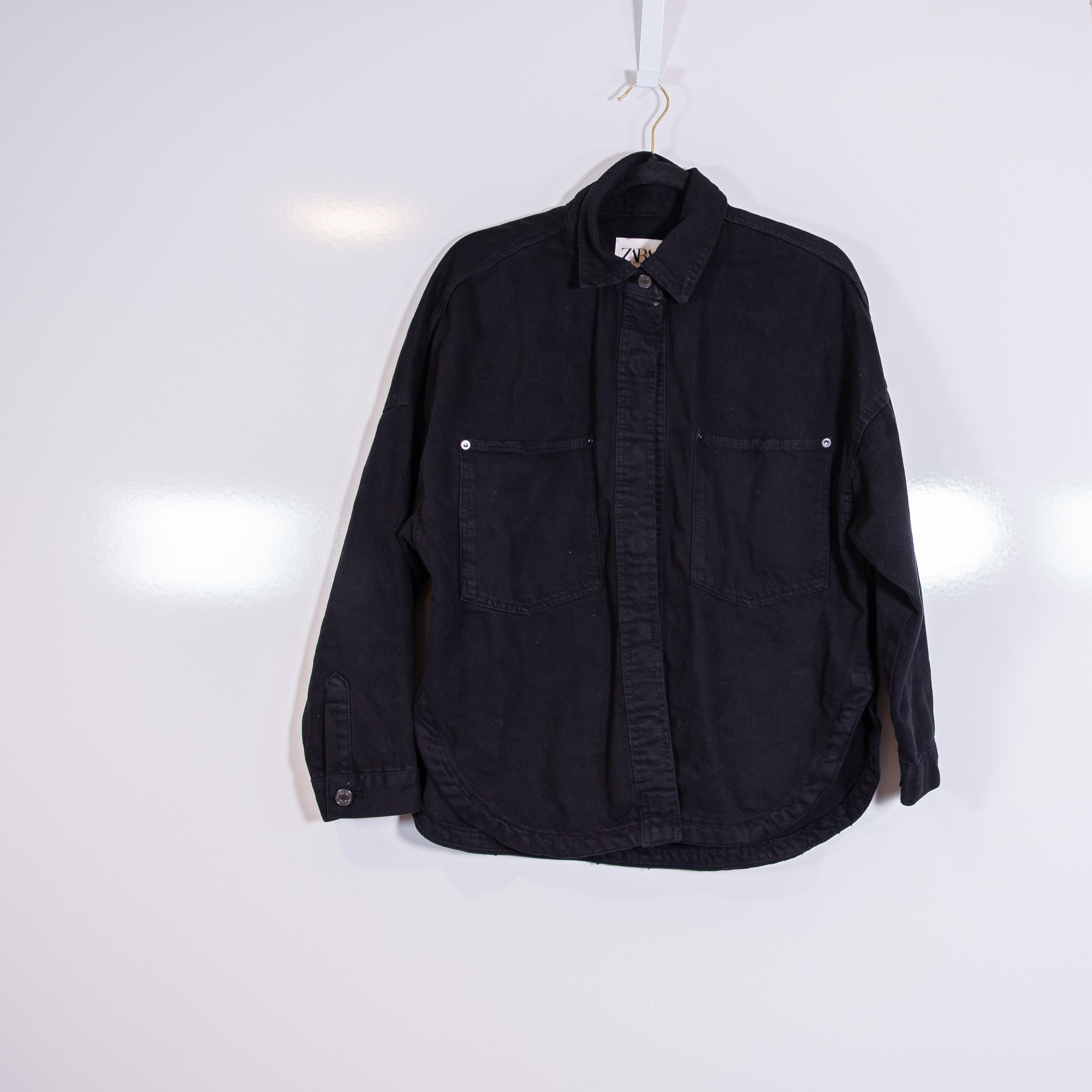 Zara Cotton Denim Jean Snap Front Jacket Collared Multi Pocket Shacket Shirt Top