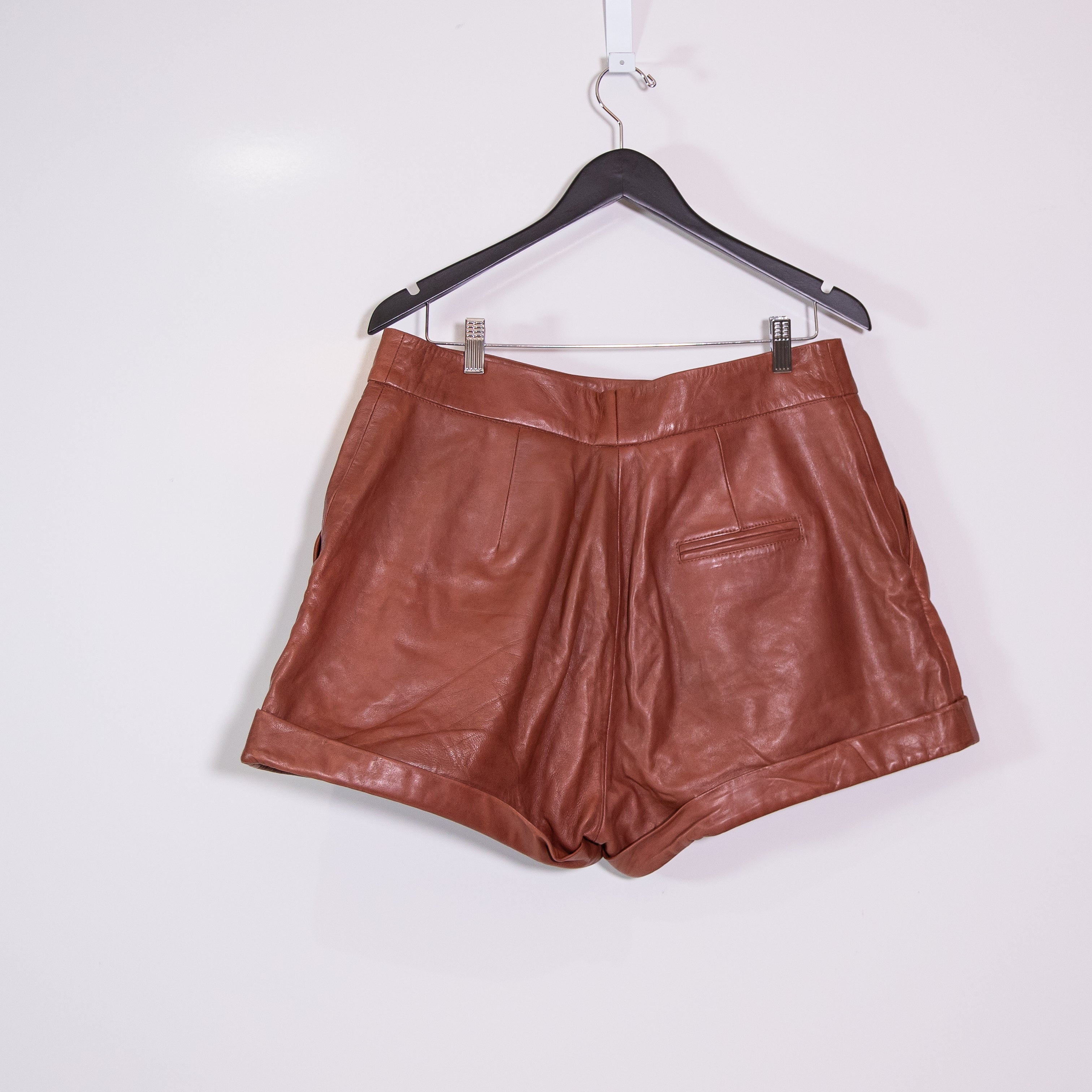 Sezane William Genuine Leather High Waisted Pleated Button Closure Mini Shorts