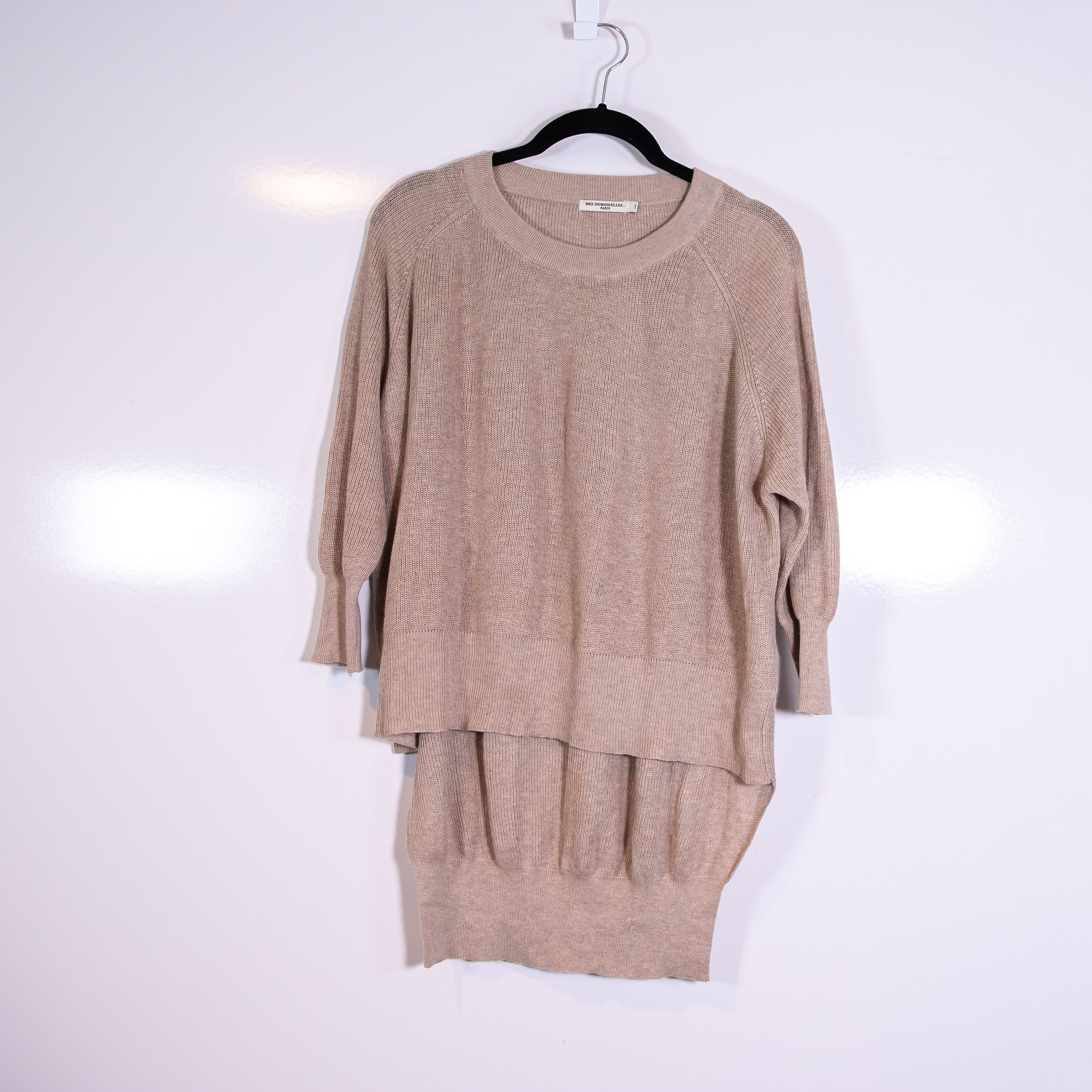 Mes Demoiselles Paris Cotton Cashmere Knit High Low Hem Crew Neck Sweater Beige