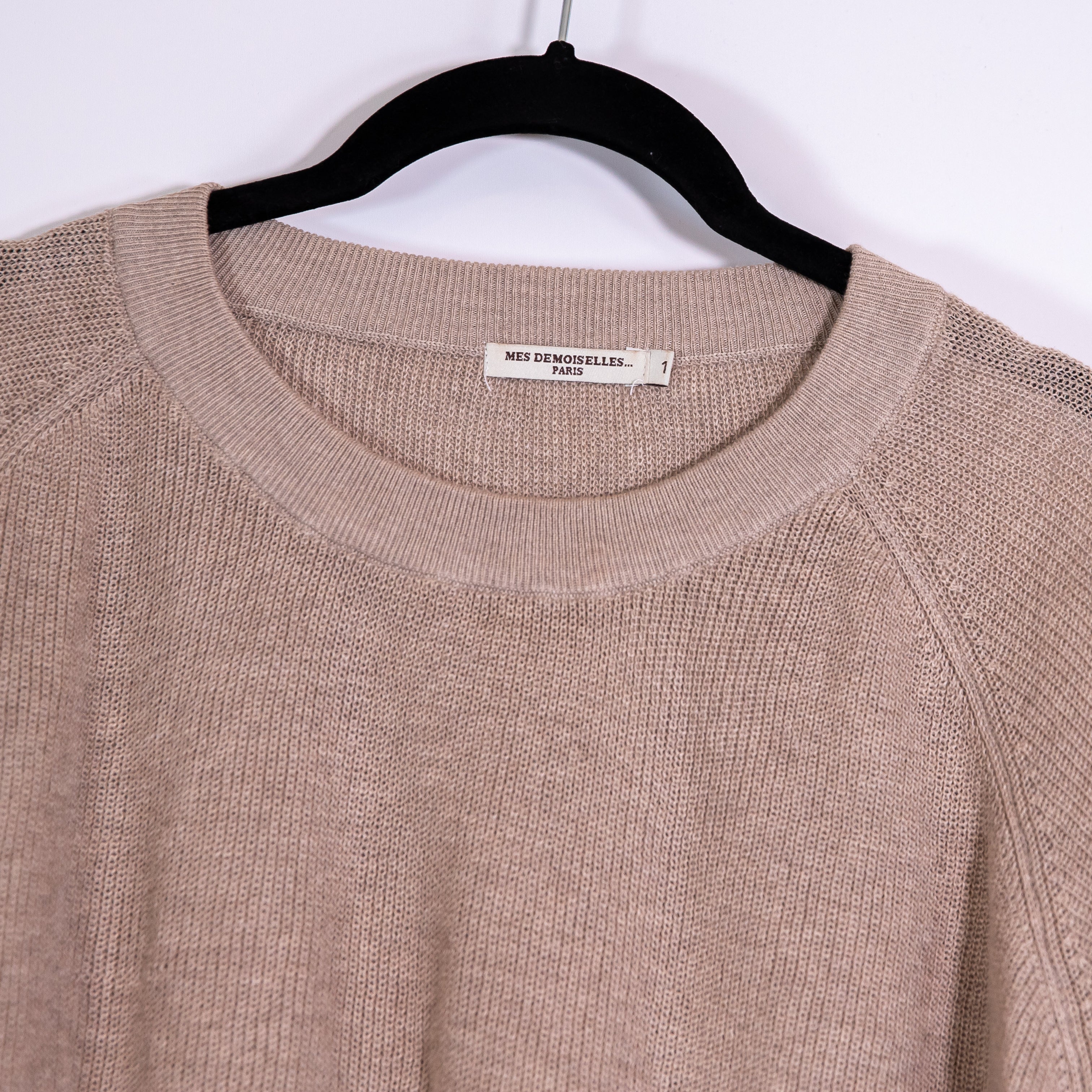 Mes Demoiselles Paris Cotton Cashmere Knit High Low Hem Crew Neck Sweater Beige
