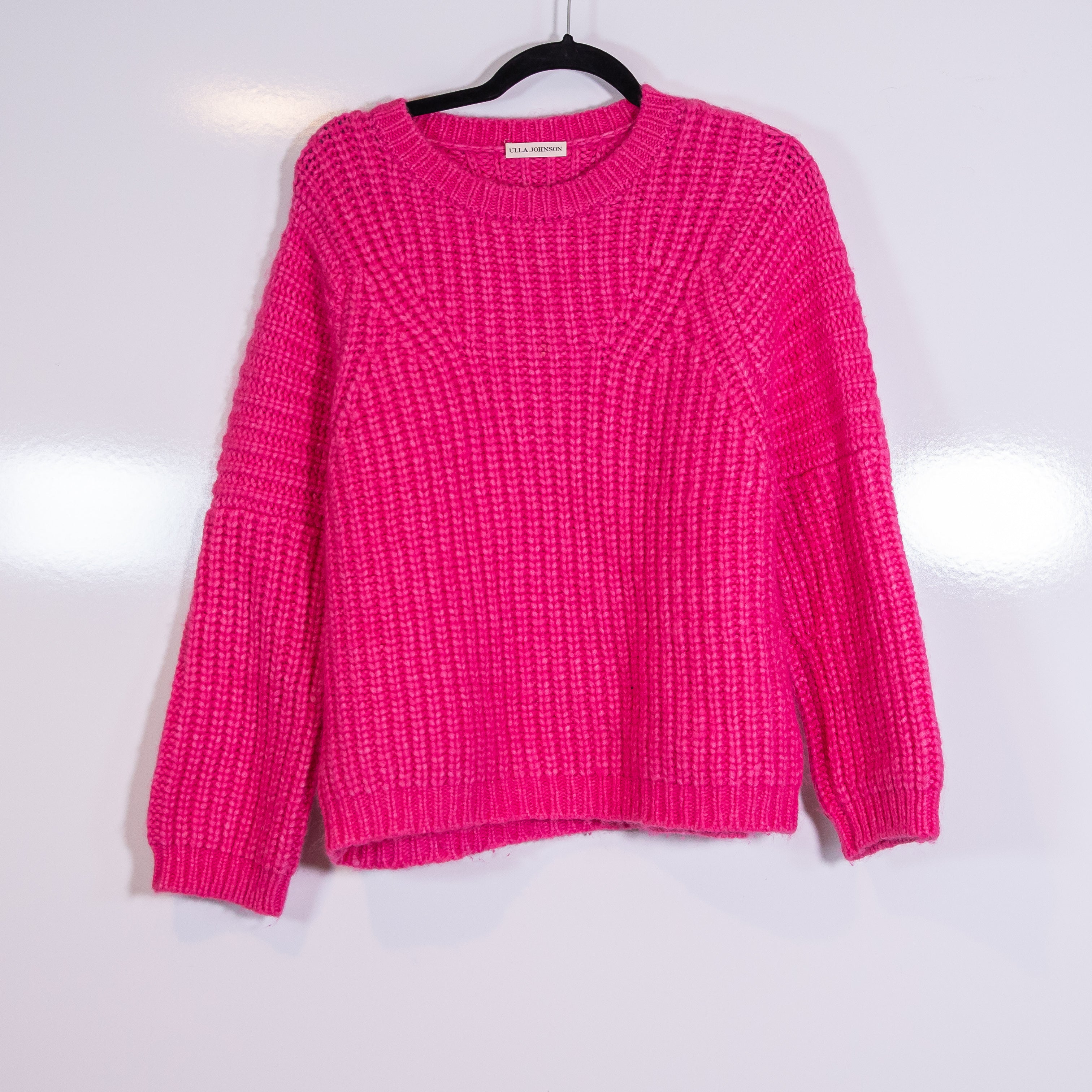 Ulla Johnson Kitty Alpaca Blend Ribbed Knit Stretch Pullover Sweater Neon Pink L