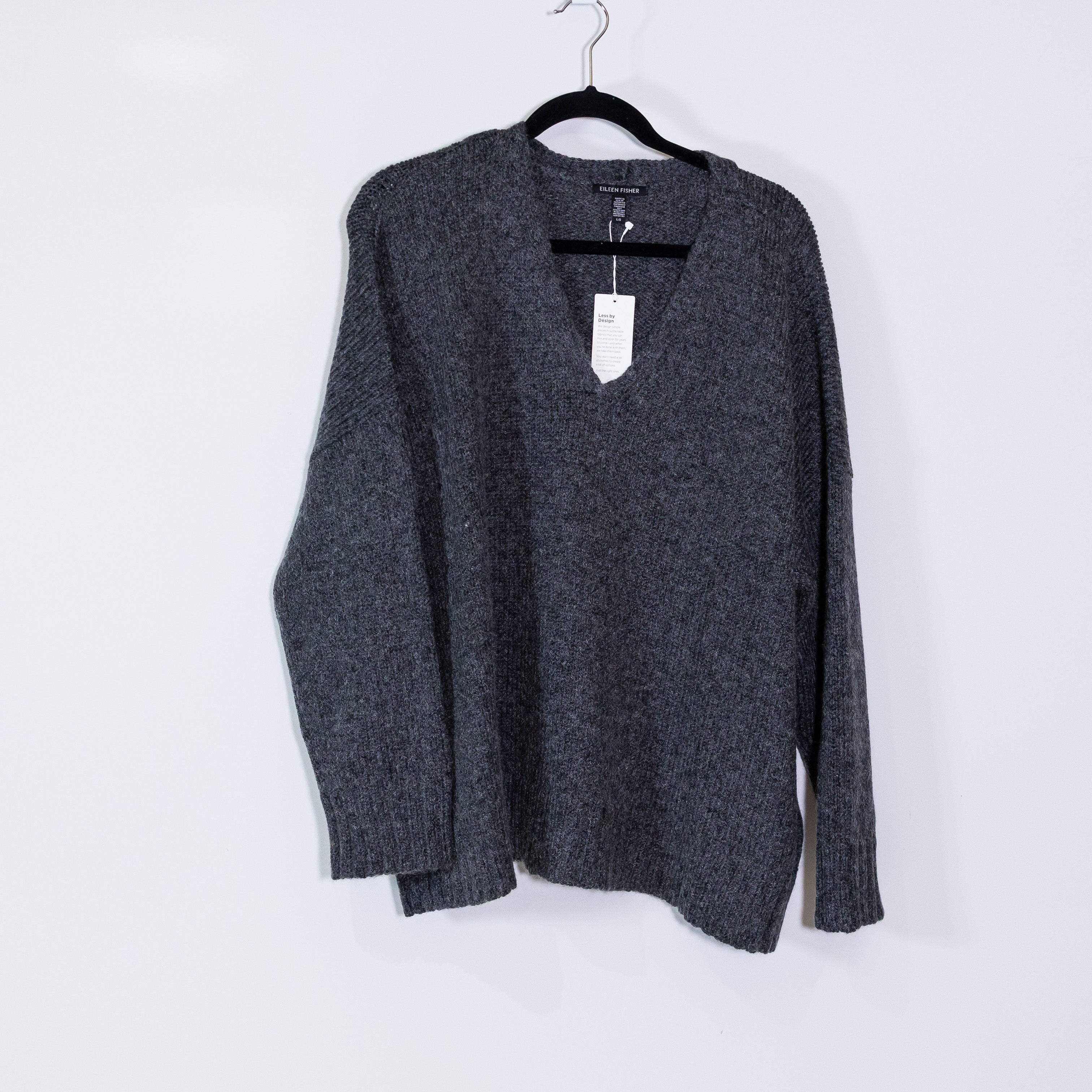 NEW Eileen Fisher Wool Mohair Stretch Knit V Neck Box Top Sweater Charcoal Gray