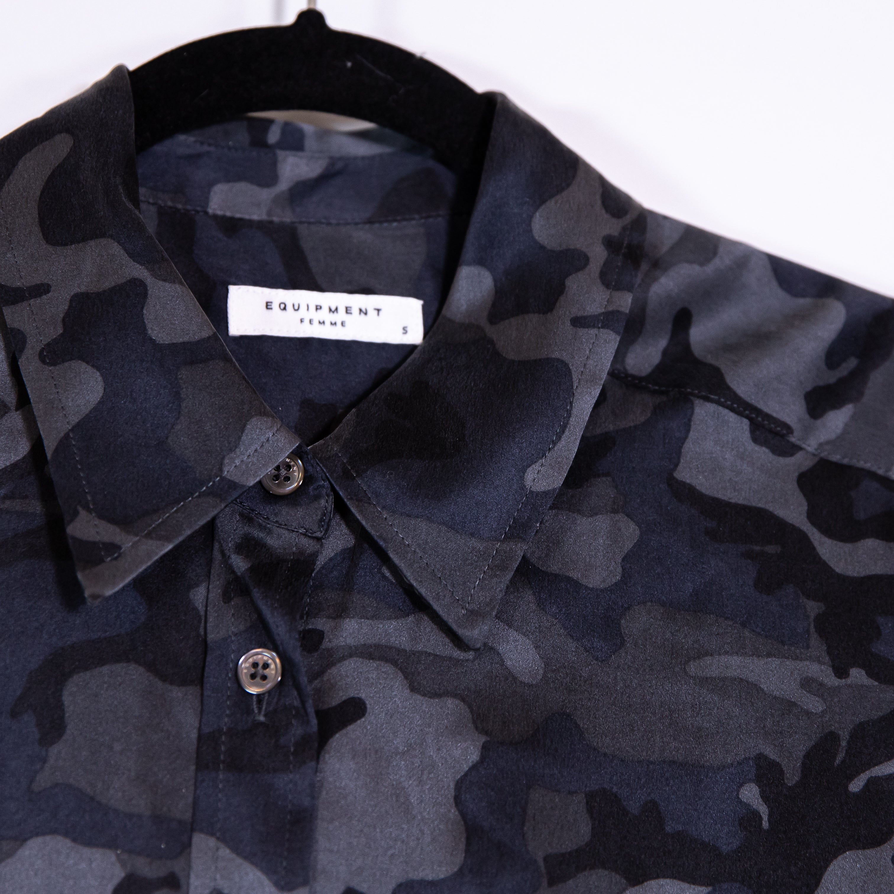 Equipment Women's Femme Camo Army Print Pattern Collared Button Down Blouse Army