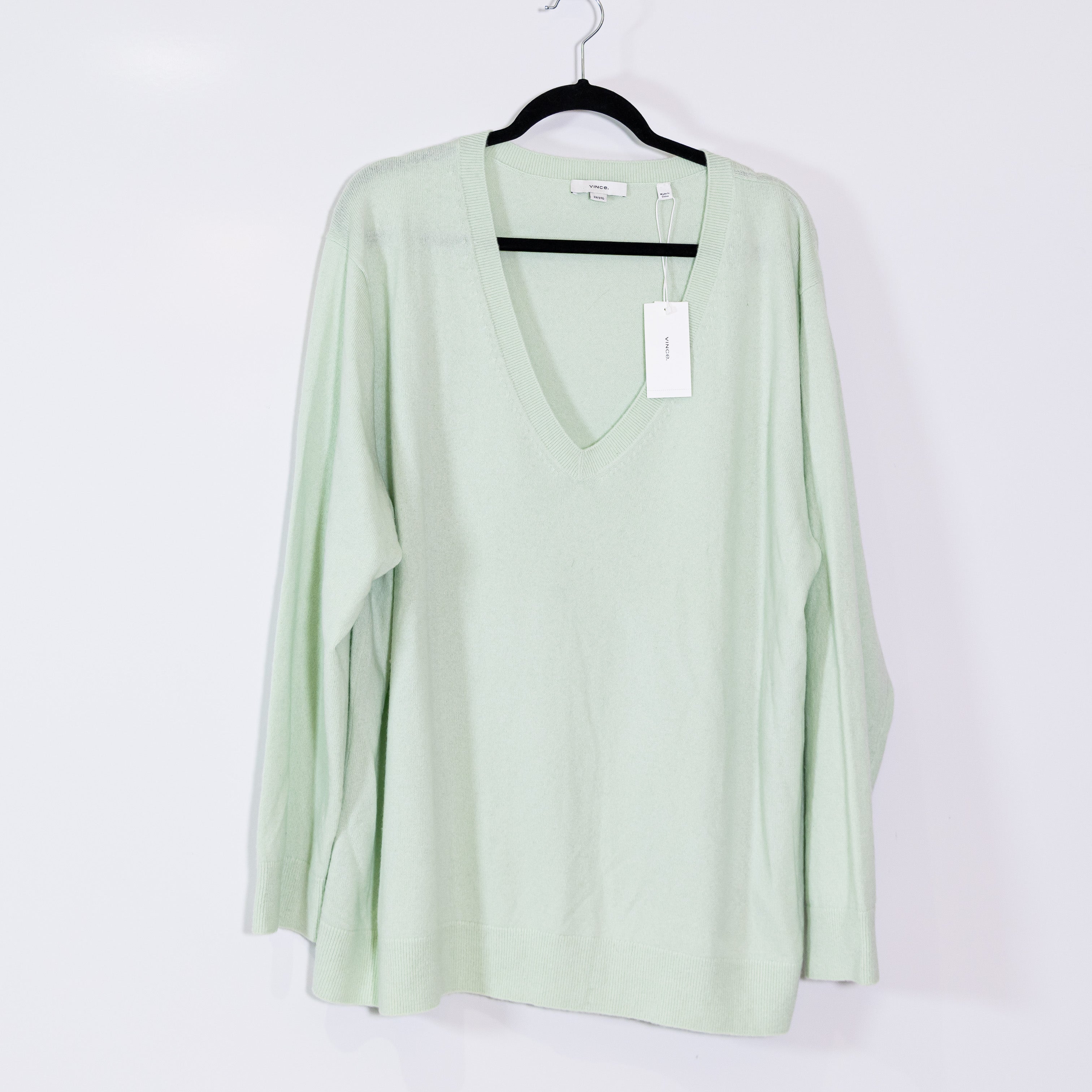 NEW Vince Cashmere Knit Stretch Weekend V-Neck Pullover Sweater Green 3X