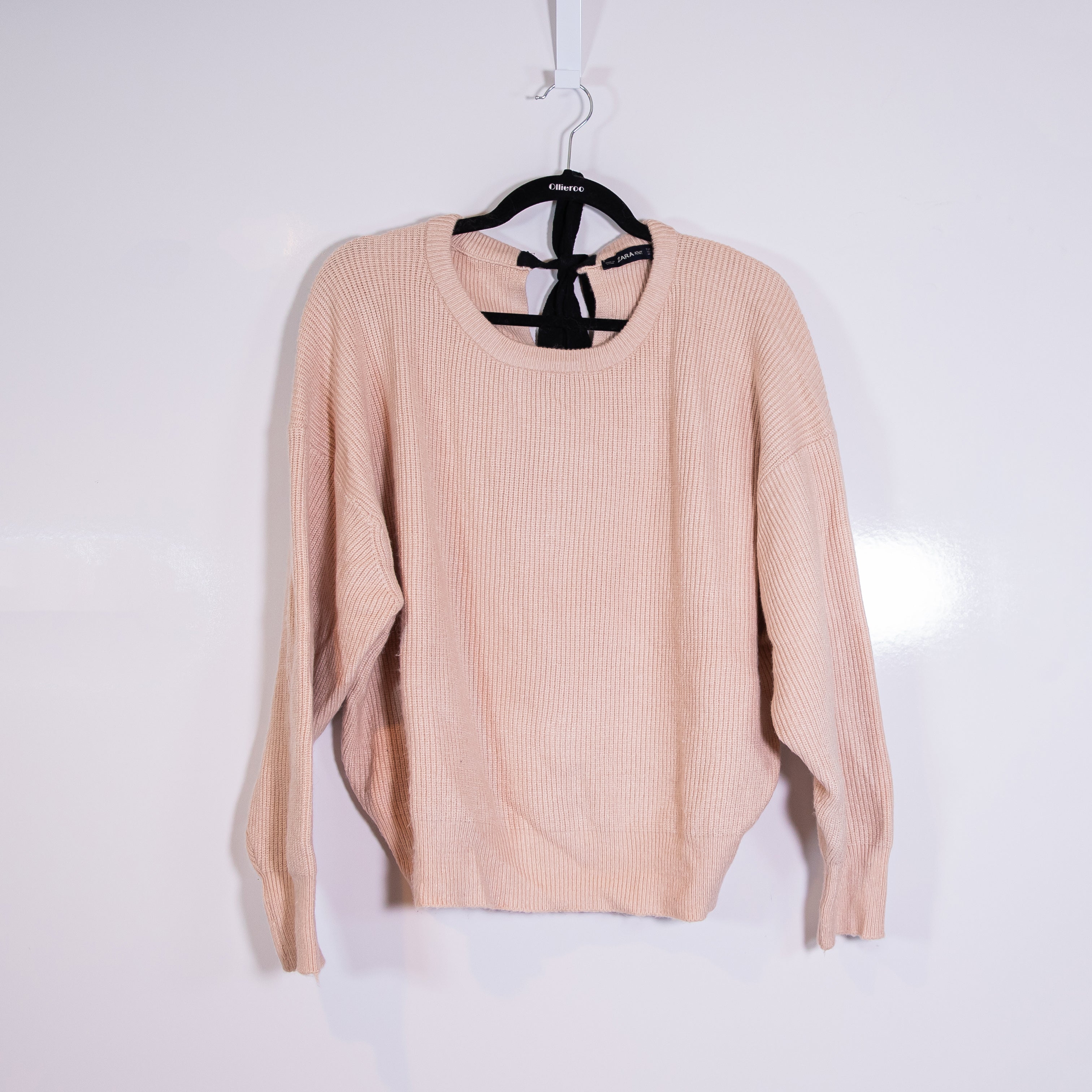 Zara Ribbed Knit Stretch Crew Neck Bow Tie Back Pullover Sweater Pink Neutral S