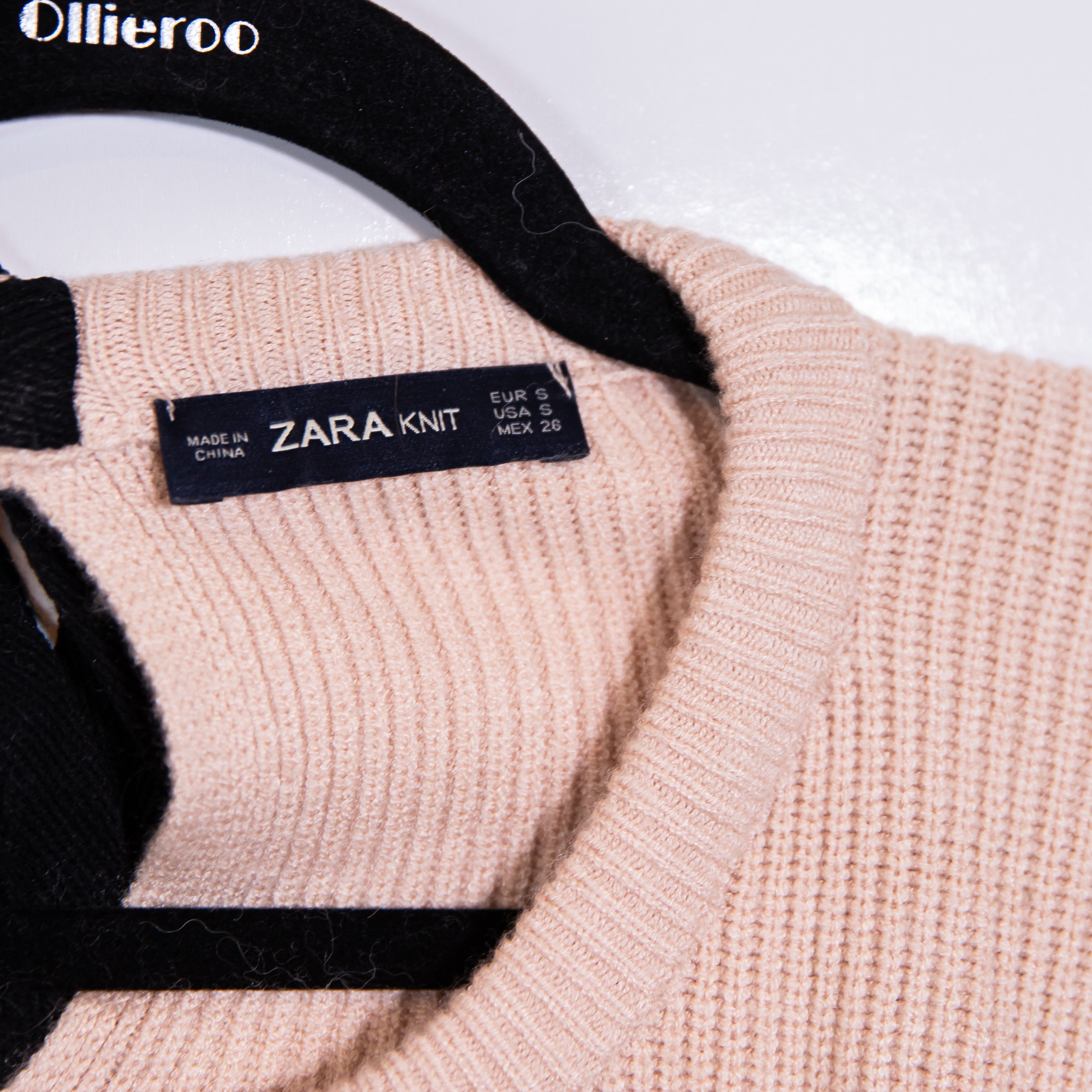 Zara Ribbed Knit Stretch Crew Neck Bow Tie Back Pullover Sweater Pink Neutral S