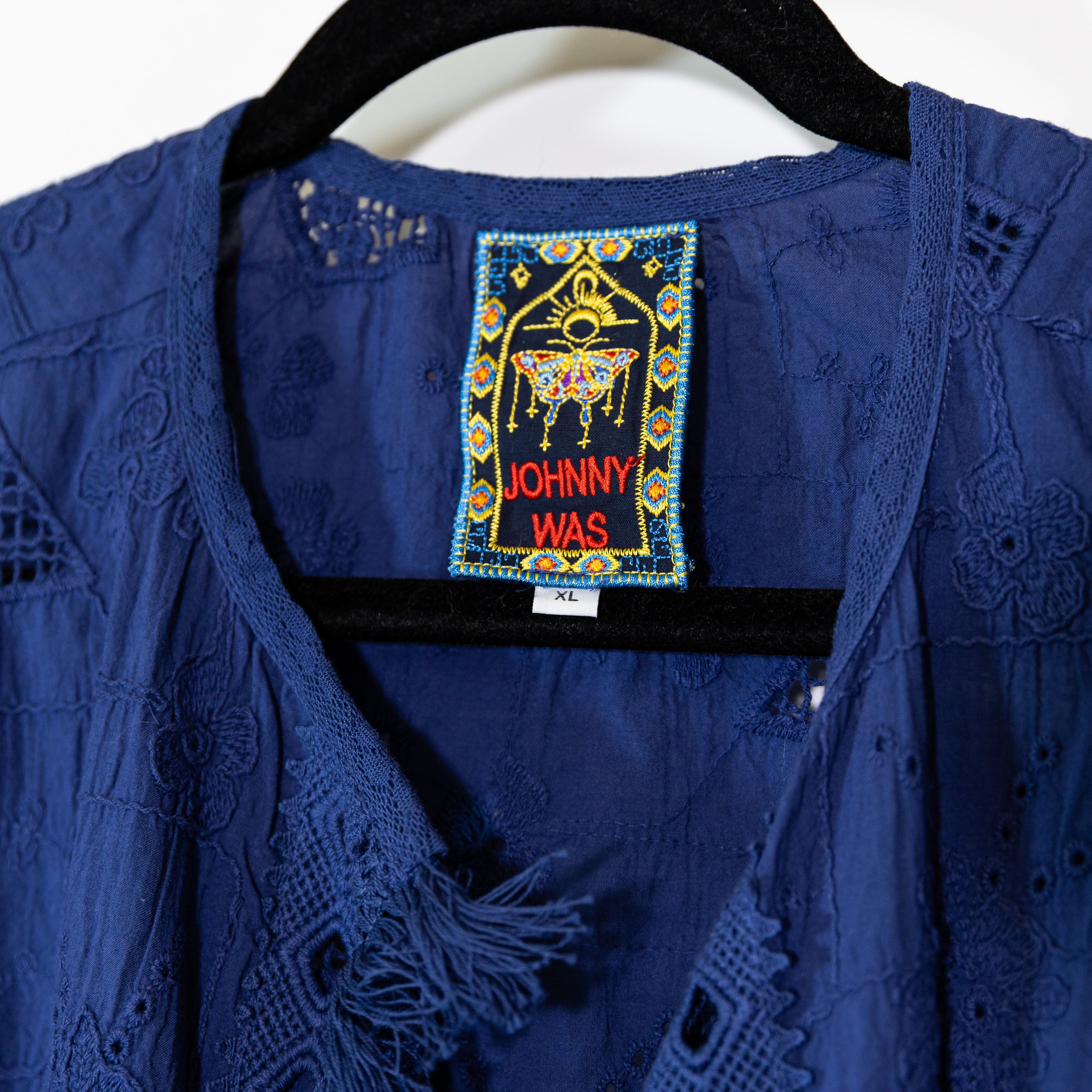 Johnny Was Kae Cotton Collarless Open Front Fringe Woven Patch Cardigan Sweater