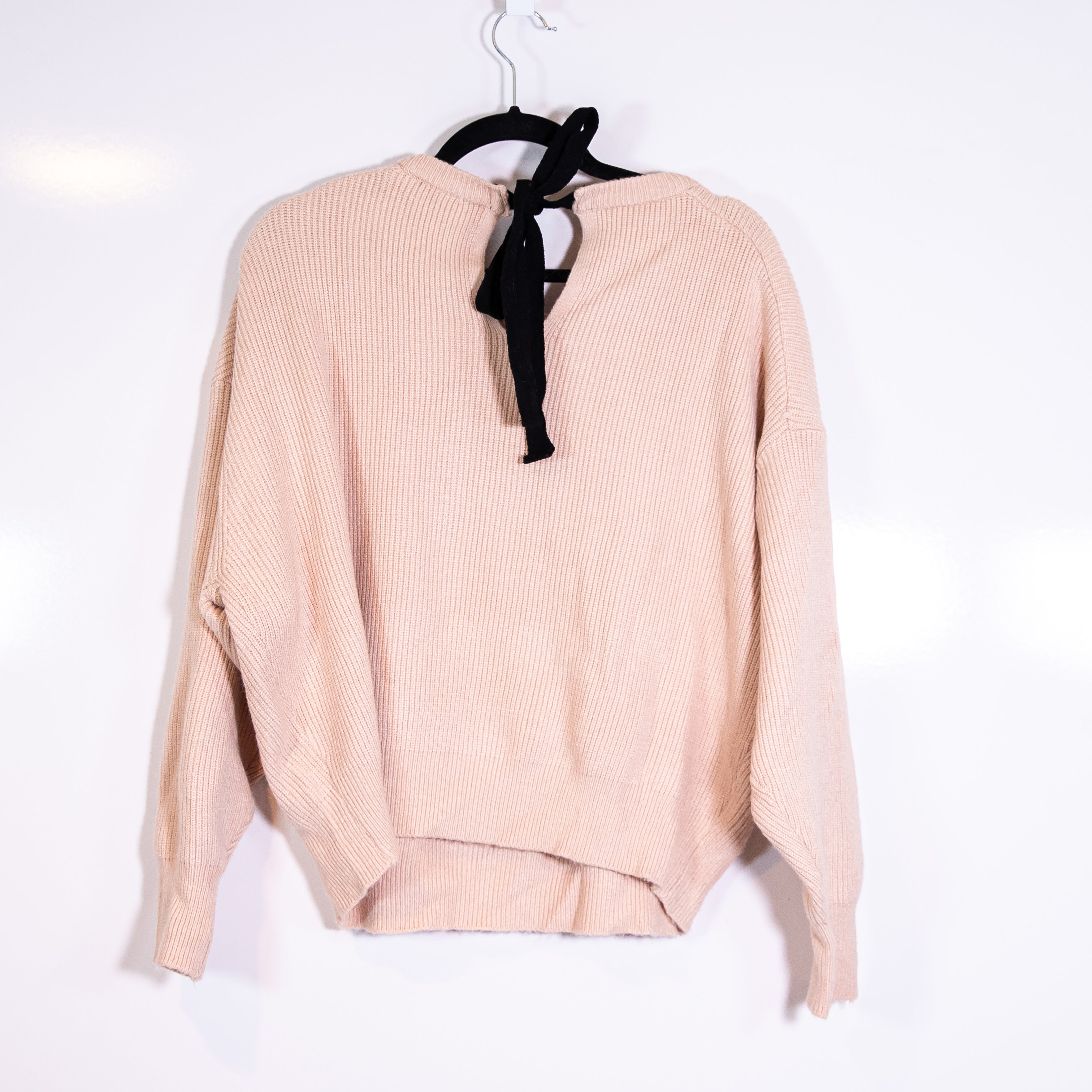 Zara Ribbed Knit Stretch Crew Neck Bow Tie Back Pullover Sweater Pink Neutral S