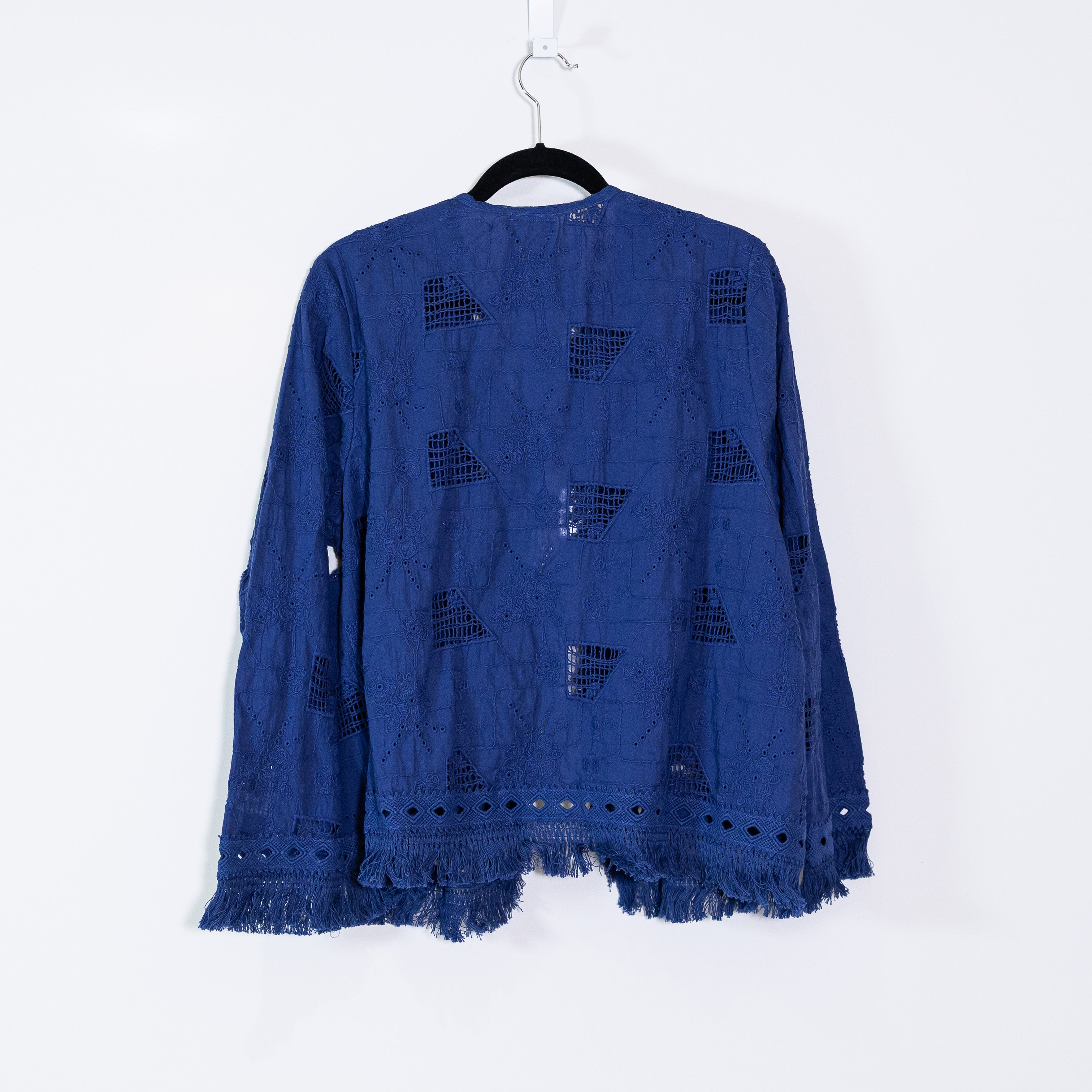 Johnny Was Kae Cotton Collarless Open Front Fringe Woven Patch Cardigan Sweater