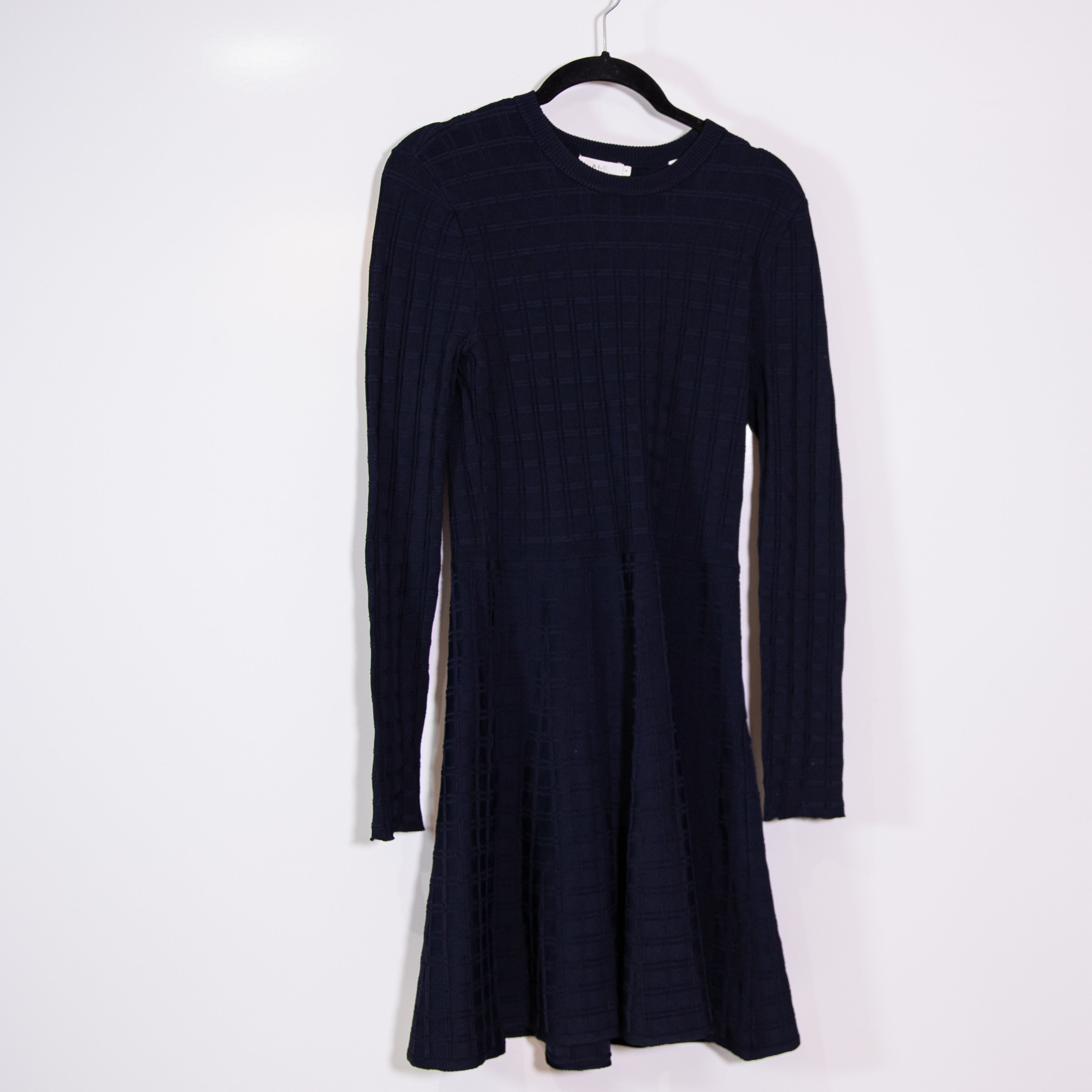 A.L.C. Schultz Stretch Knit Fit Flare Textured Midi Sweater Dress Navy Blue M