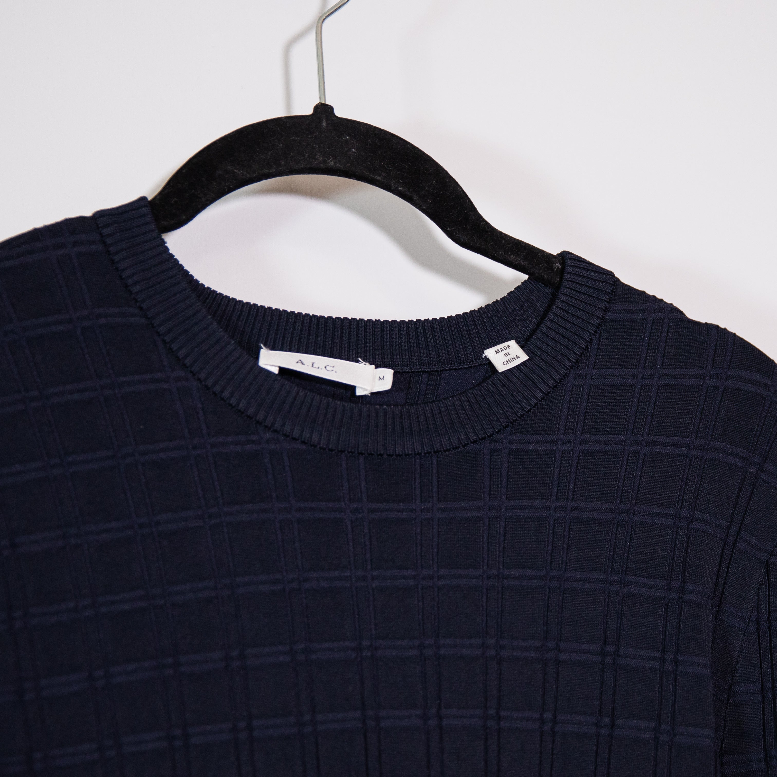 A.L.C. Schultz Stretch Knit Fit Flare Textured Midi Sweater Dress Navy Blue M