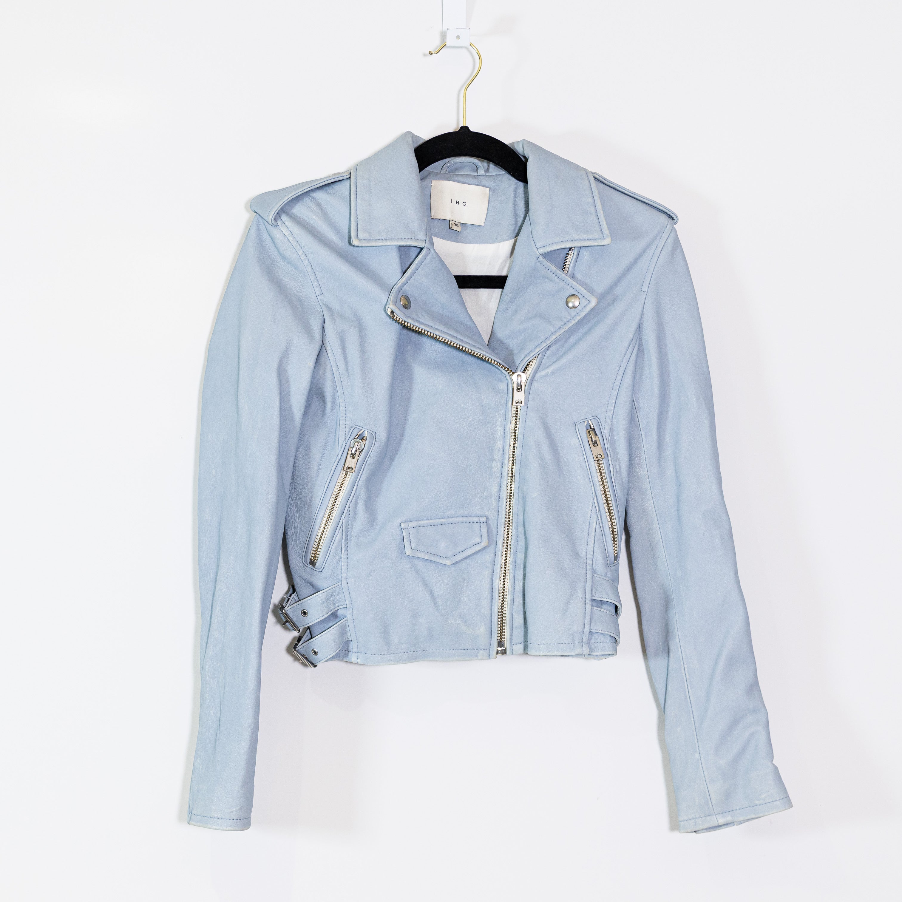IRO Women's Ashville Genuine Leather Full Zip Moto Jacket Light Blue Small / 6