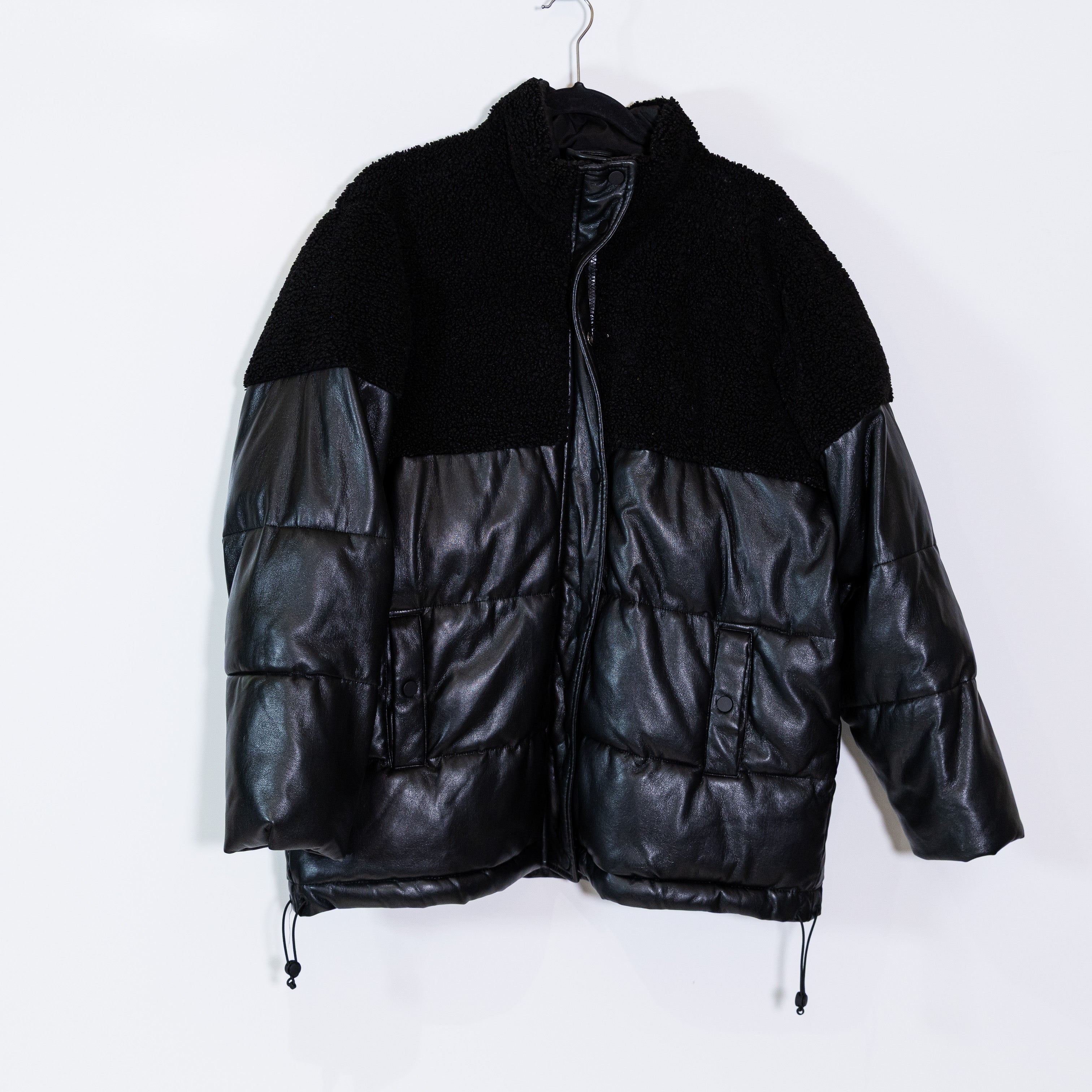 Good American Faux Vegan Leather Shearling Quilted Puffer Jacket Coat Black S