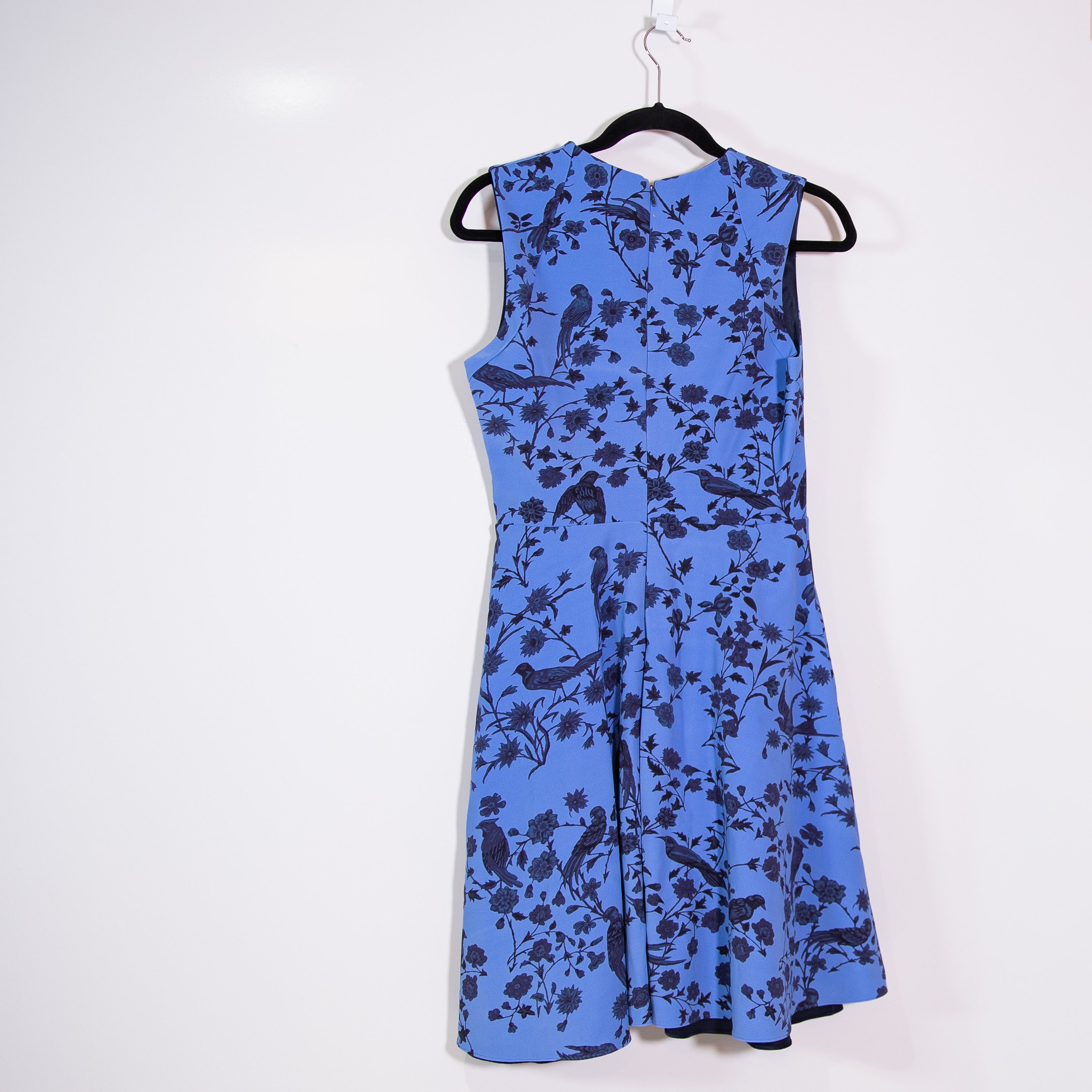 Wes Gordon Ponte Stretch V Neck Notch Sleeveless Fit Flare Dress Blue Floral 6