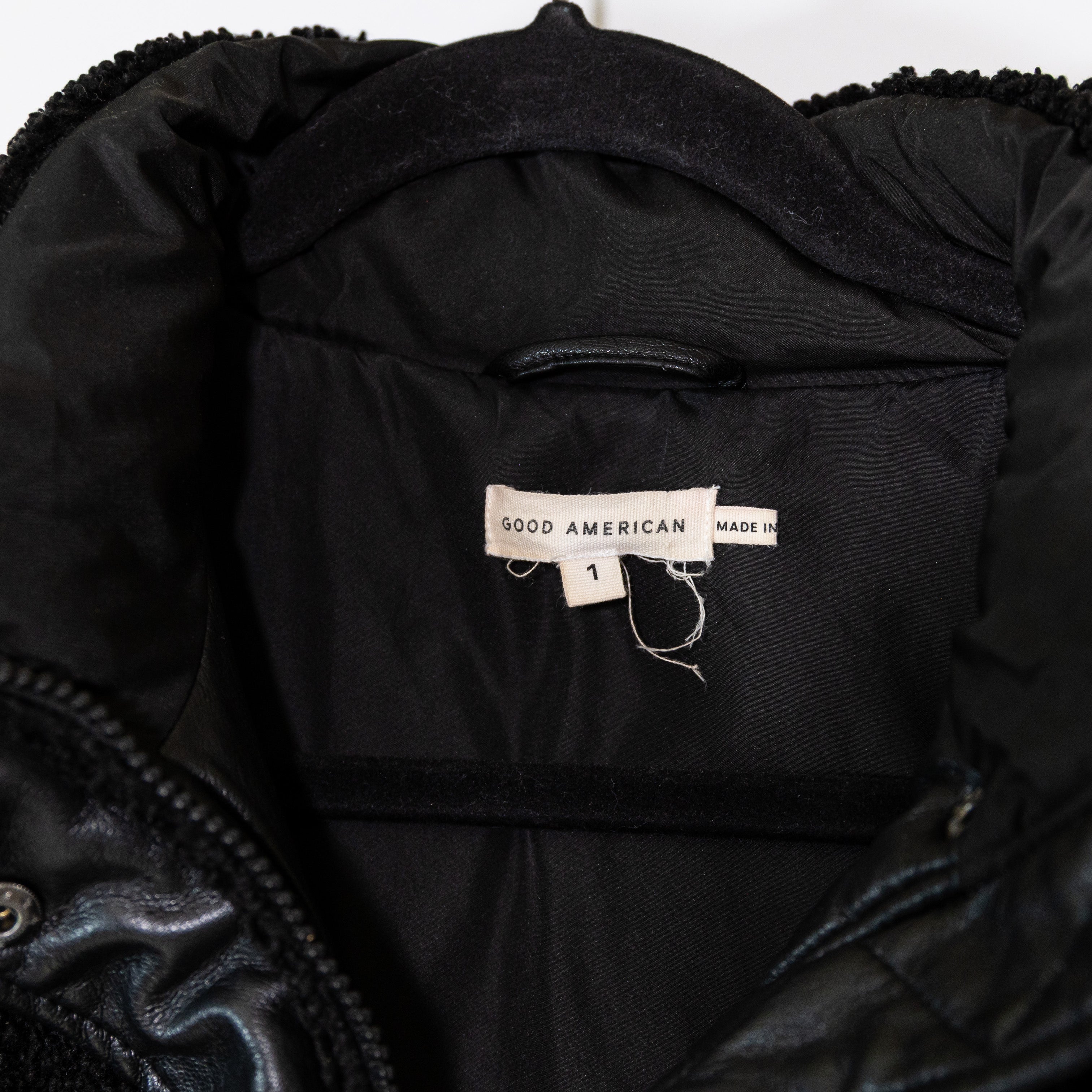 Good American Faux Vegan Leather Shearling Quilted Puffer Jacket Coat Black S