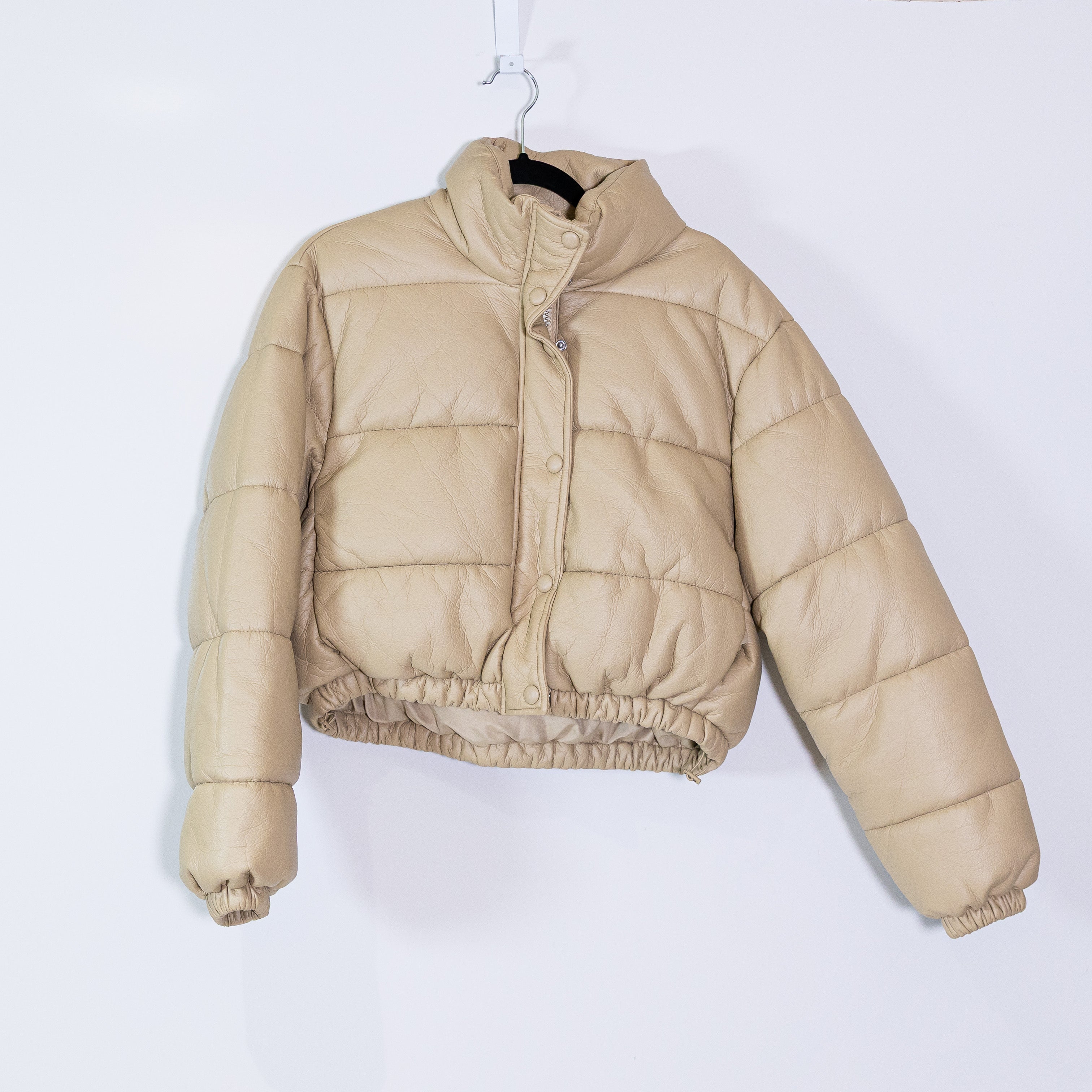 Zara Faux Vegan Leather Quilted Puffer Full Zip Snap Butto Jacket Neutral Medium