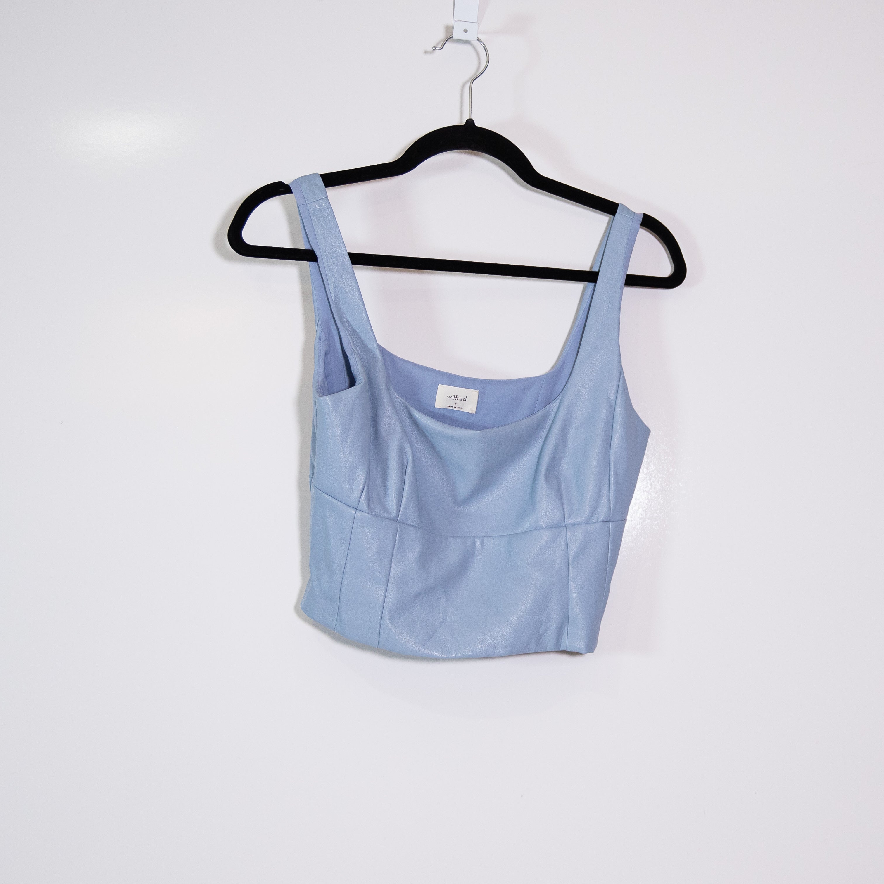 Wilfred Aritzia Shine Faux Vegan Leather Square Neck Bustier Tank Top Blue Small
