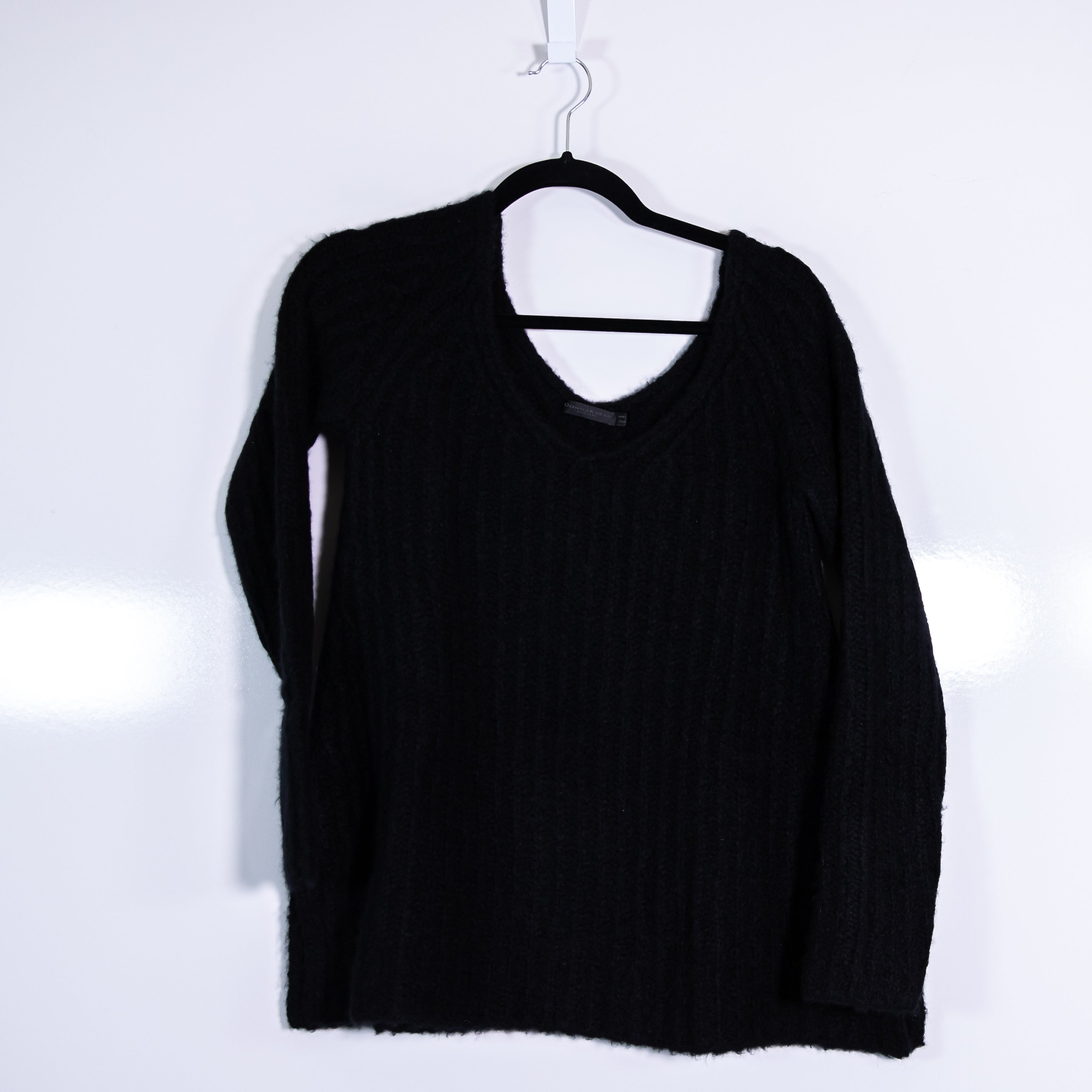 Donna Karan Cashmere Silk Fuzzy Knit V Neck Pullover Sweater Solid Black Small