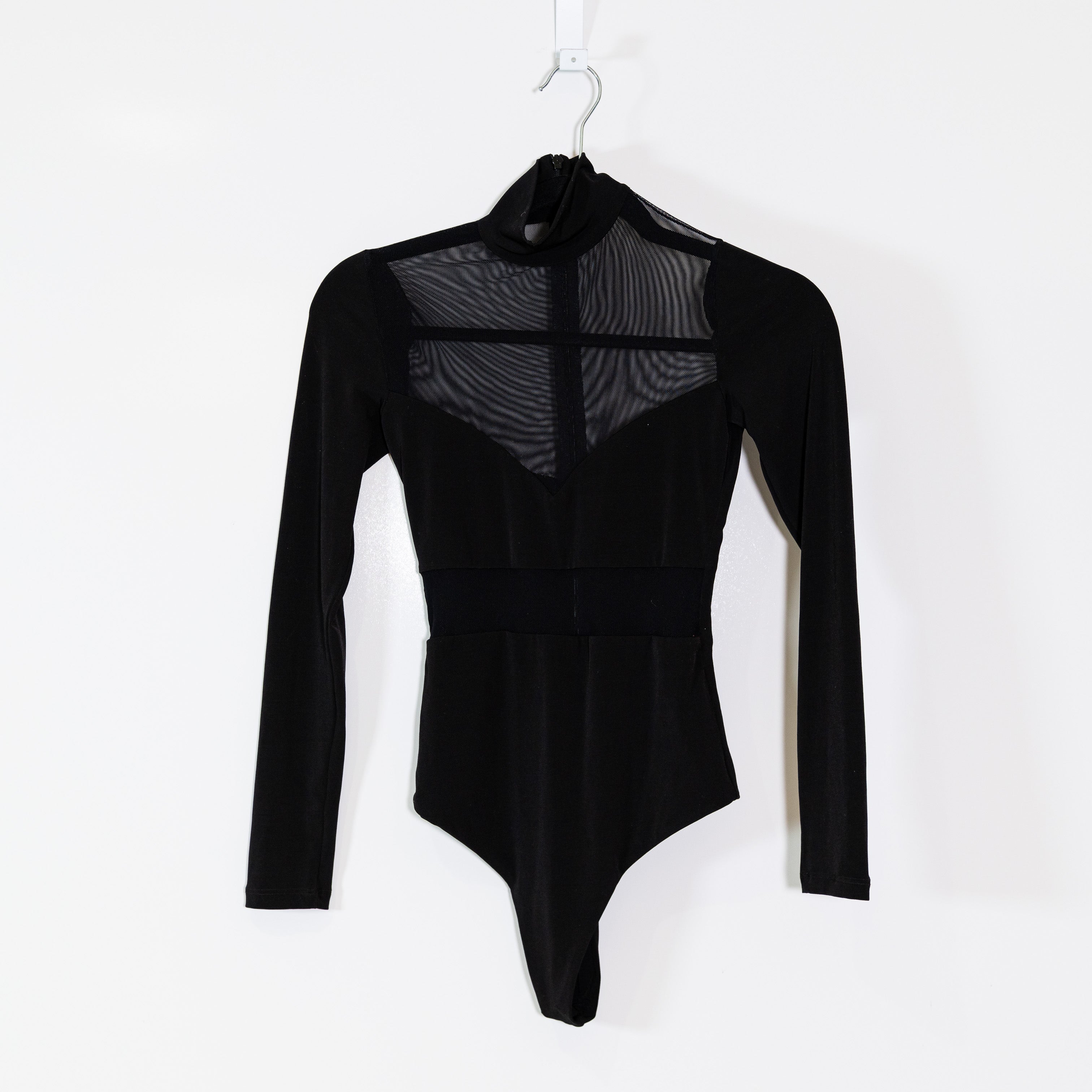 Nookie Hypnotize Mock Neck Sheer Mesh Long Sleeve One Piece Bodysuit Black Small