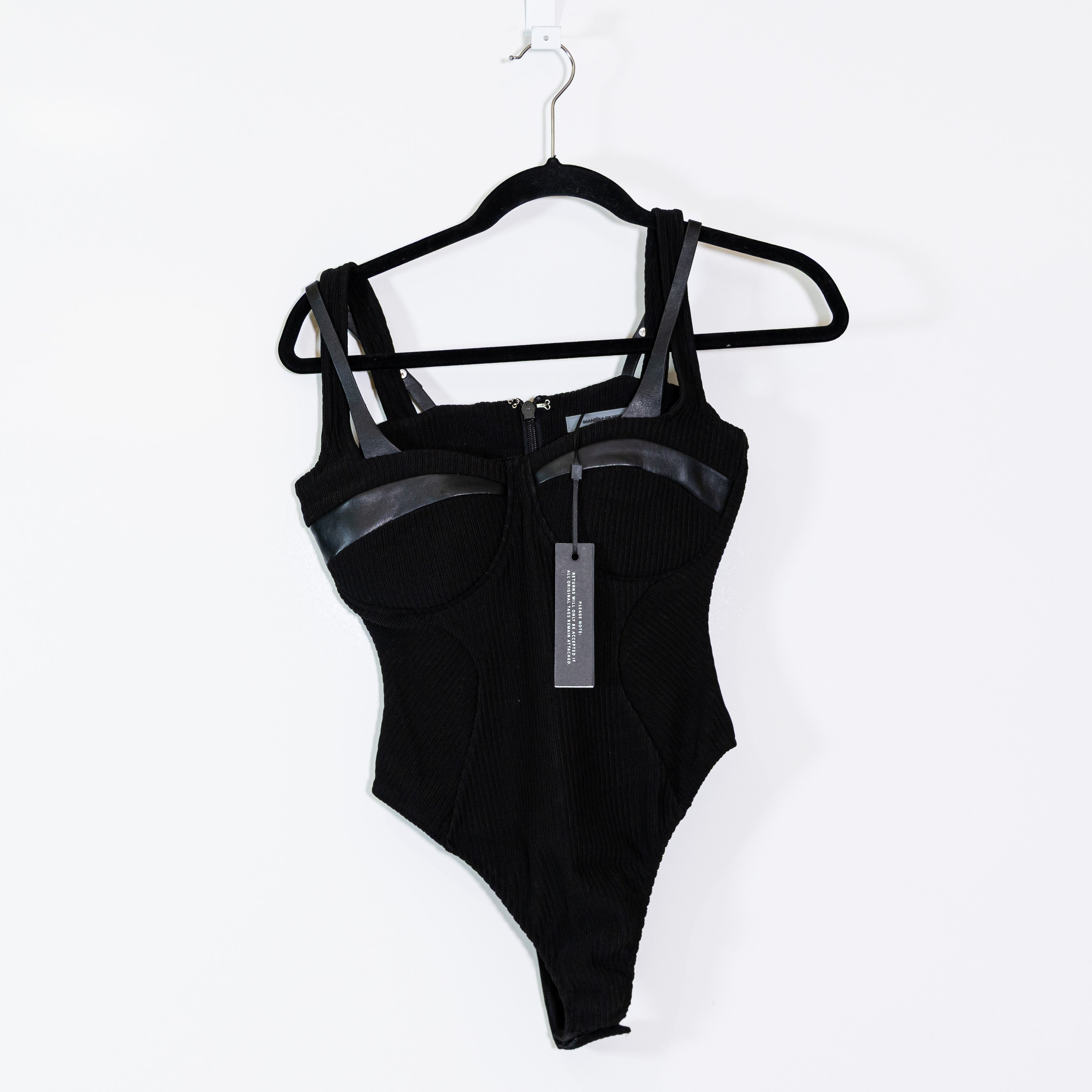 NEW Maniere De Voir Faux Vegan Leather Twin Strap One Piece Tank Bodysuit Black