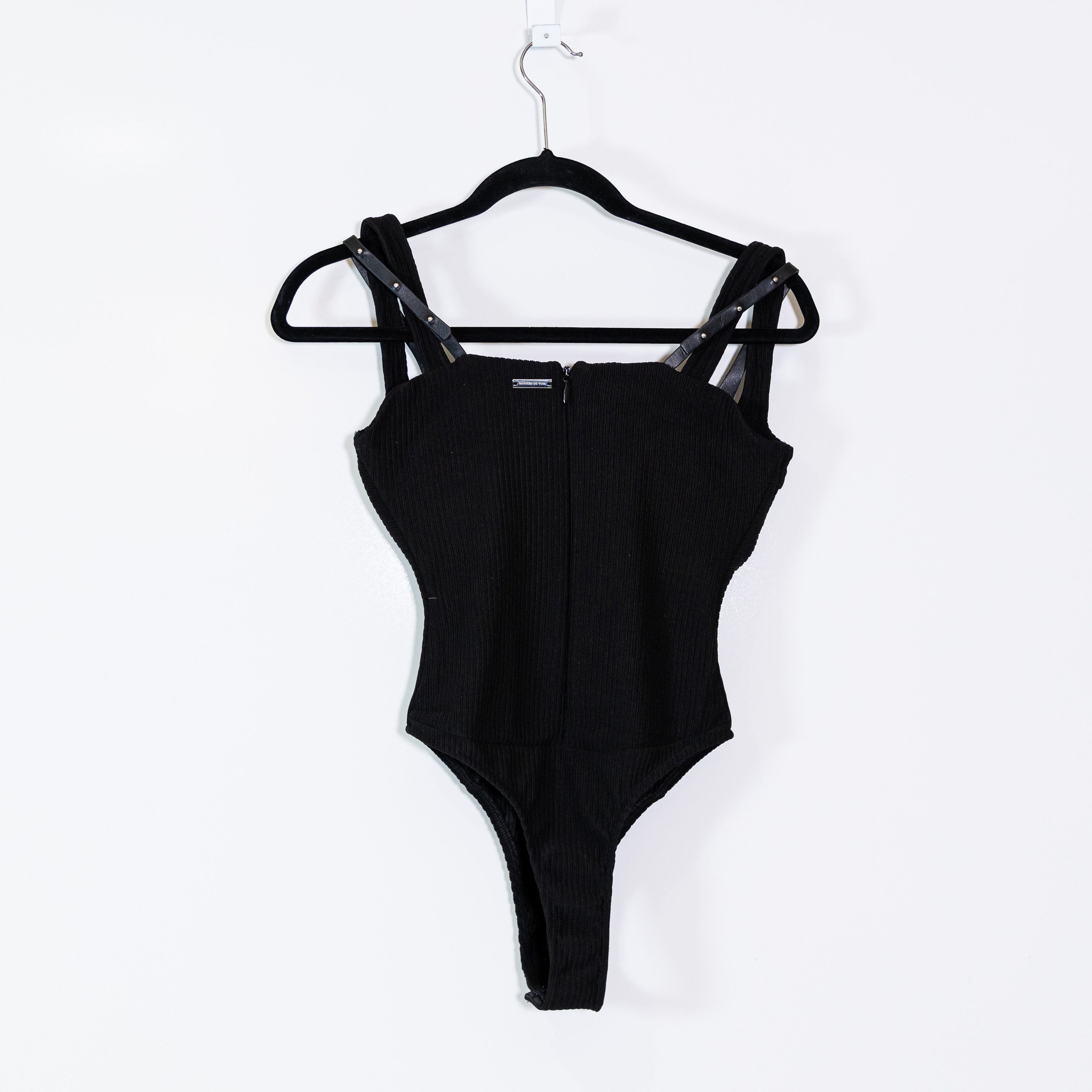 NEW Maniere De Voir Faux Vegan Leather Twin Strap One Piece Tank Bodysuit Black