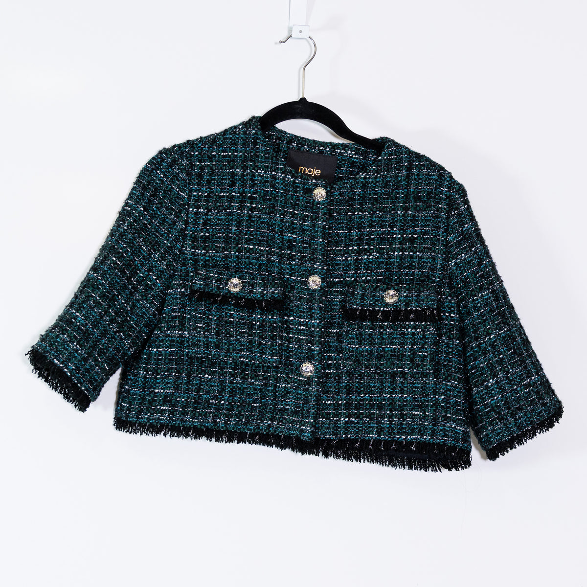 Maje Cotton Wool Metallic Boucle Tweed Knit Fringe Cropped Blazer Jacket 36