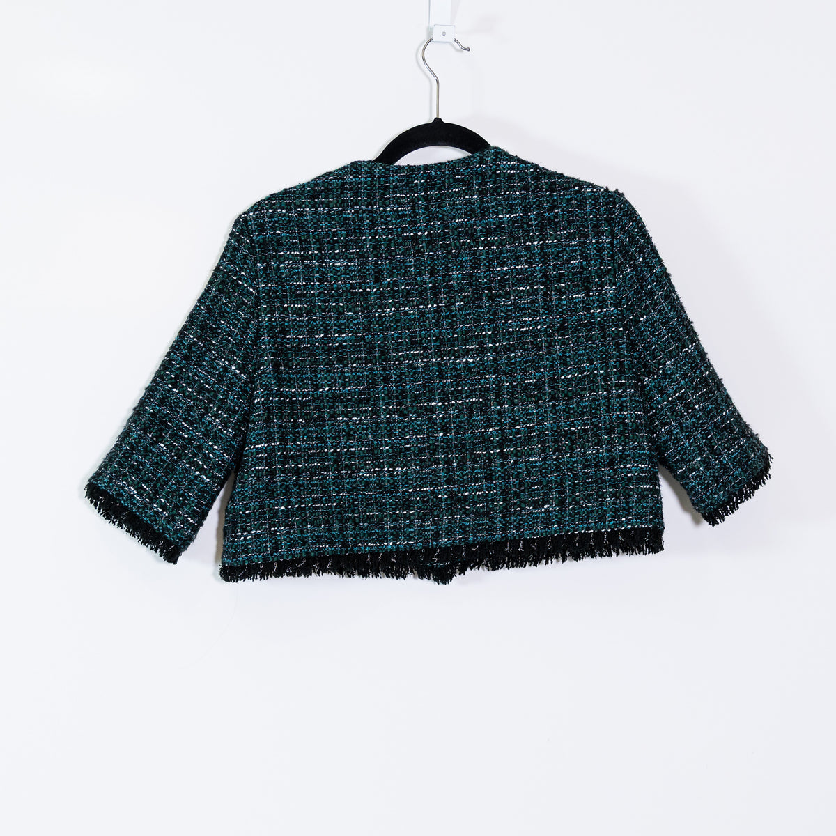 Maje Cotton Wool Metallic Boucle Tweed Knit Fringe Cropped Blazer Jacket 36