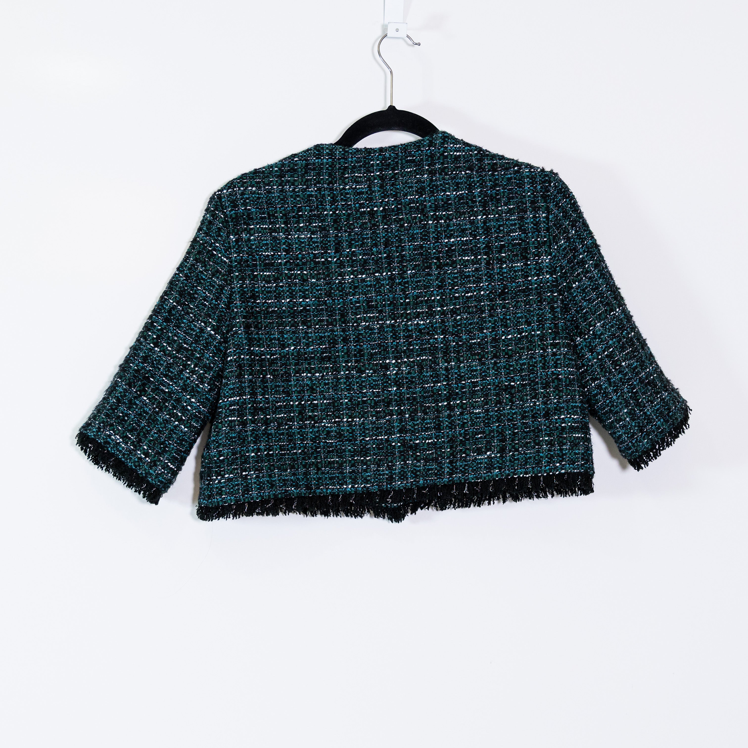 Maje Cotton Wool Metallic Boucle Tweed Knit Fringe Cropped Blazer Jacket 36