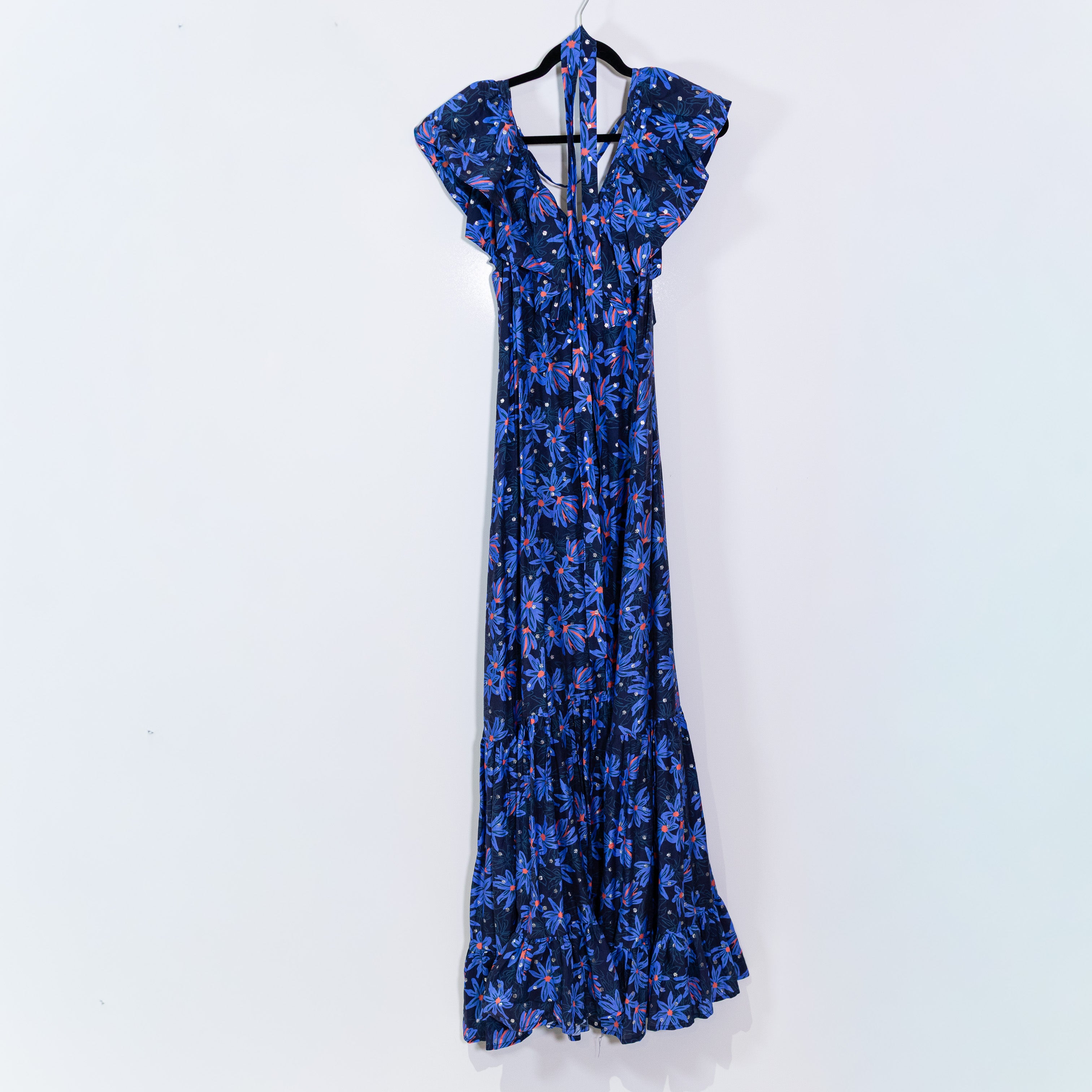 NEW Sabina Musayev Lucia Ruffle Shoulders Blue Floral Print Pattern Maxi Dress S
