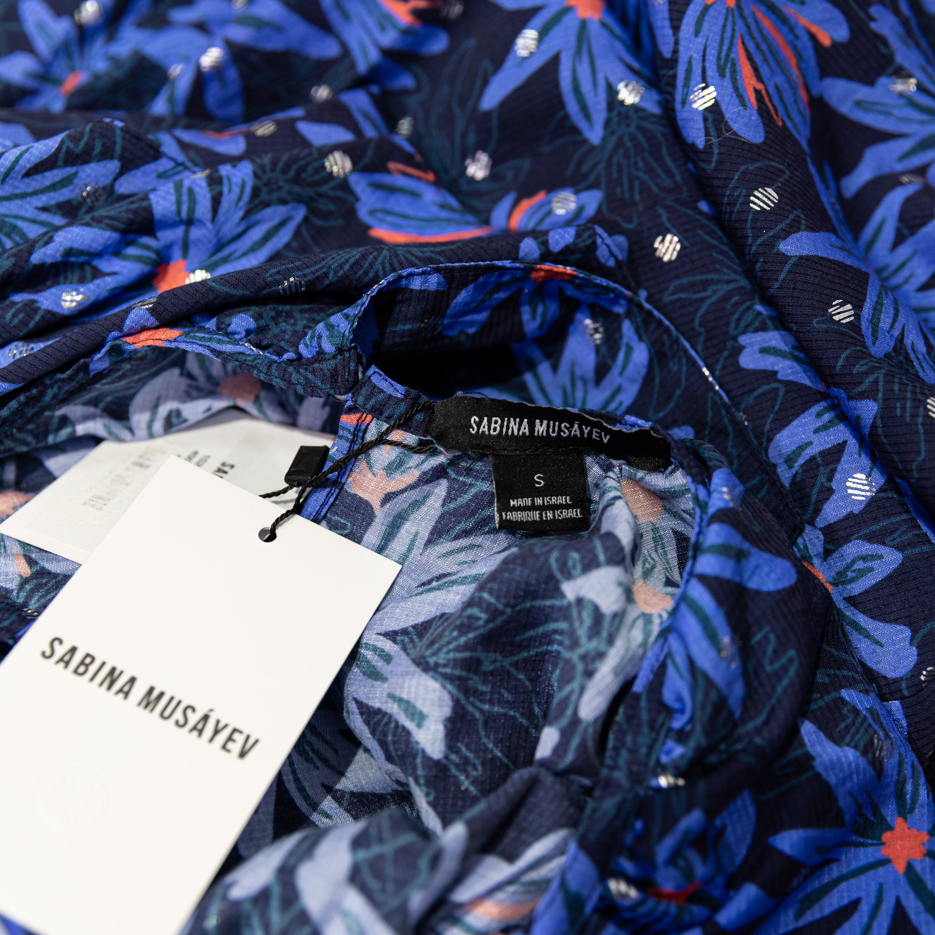 NEW Sabina Musayev Lucia Ruffle Shoulders Blue Floral Print Pattern Maxi Dress S