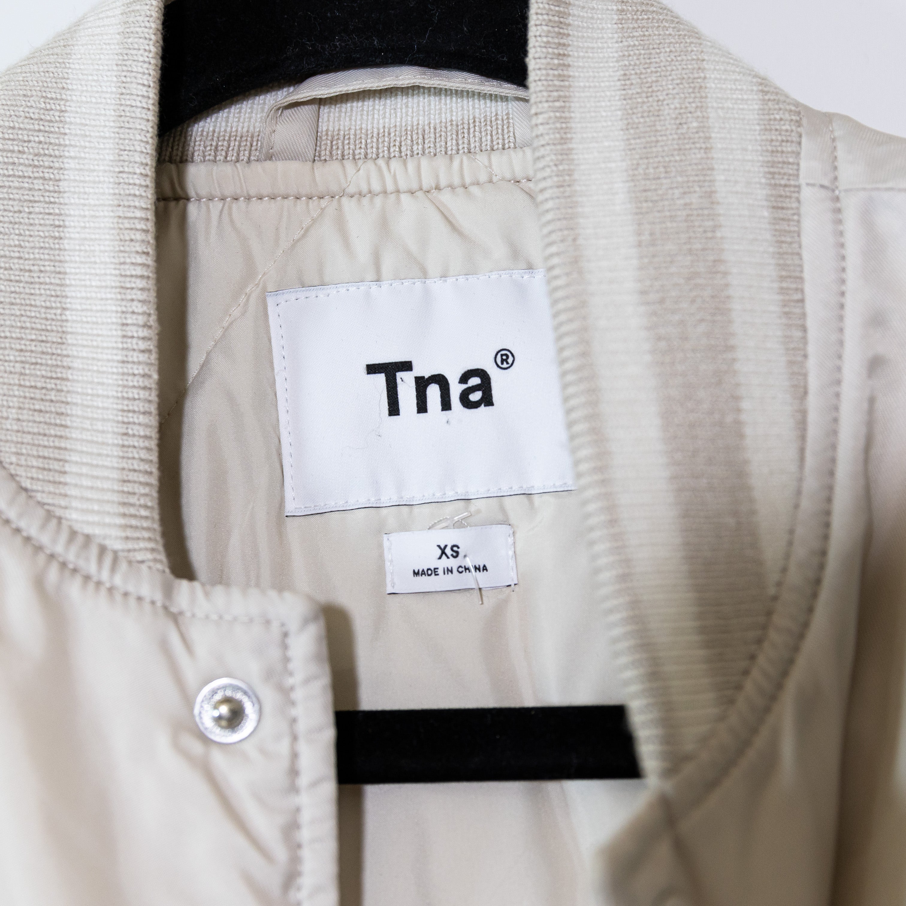 TNA Aritzia Stadium Collarless Snap Front Button Water Resistant Jacket Neutral