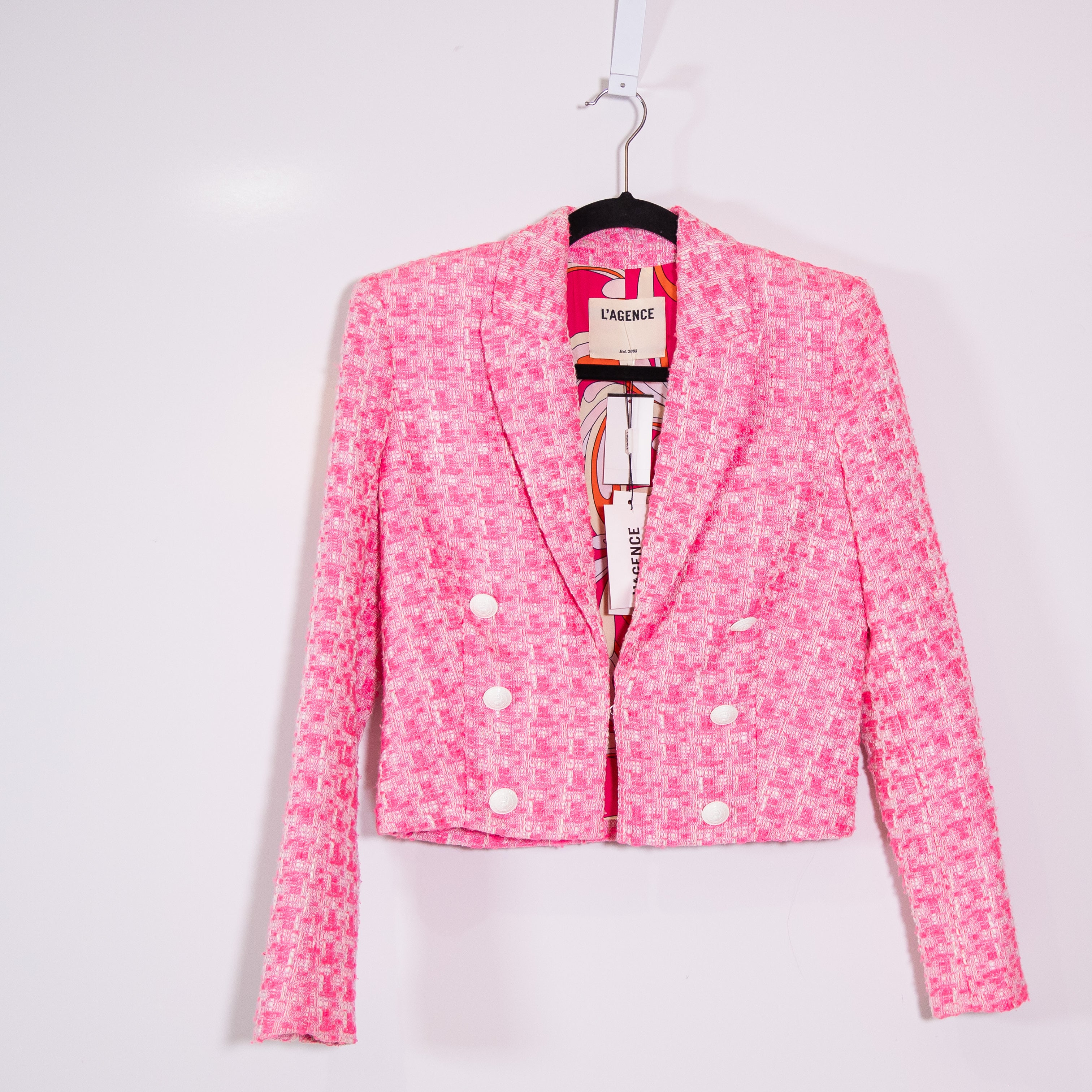 NEW L'Agence Inez Cropped Open Front Tweed Boucle Jacket Bblazer Hot Pink 2