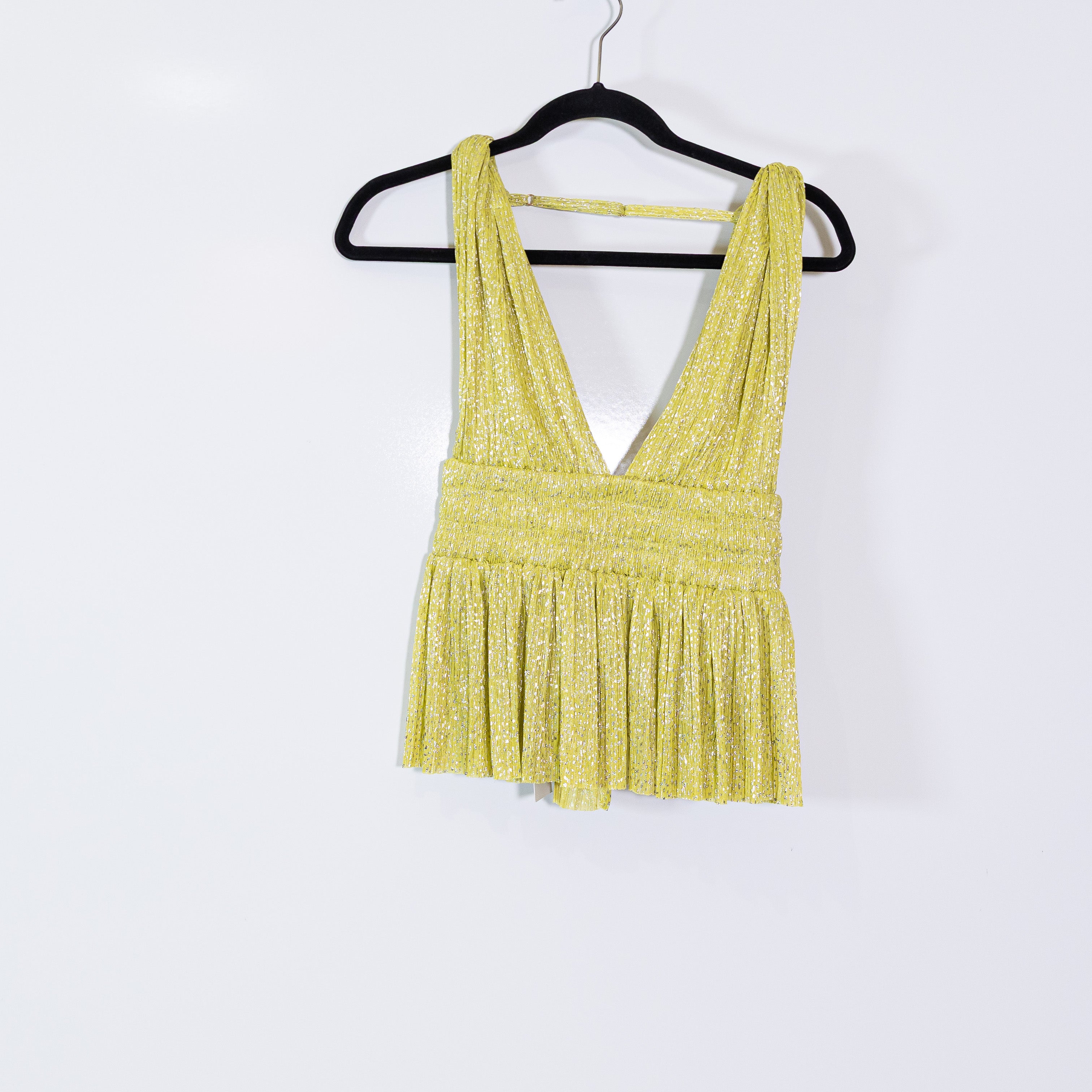 NEW Sabina Musayev Milan Pleated Knit Deep V Neck Tank Top Blouse Sunny Lime S