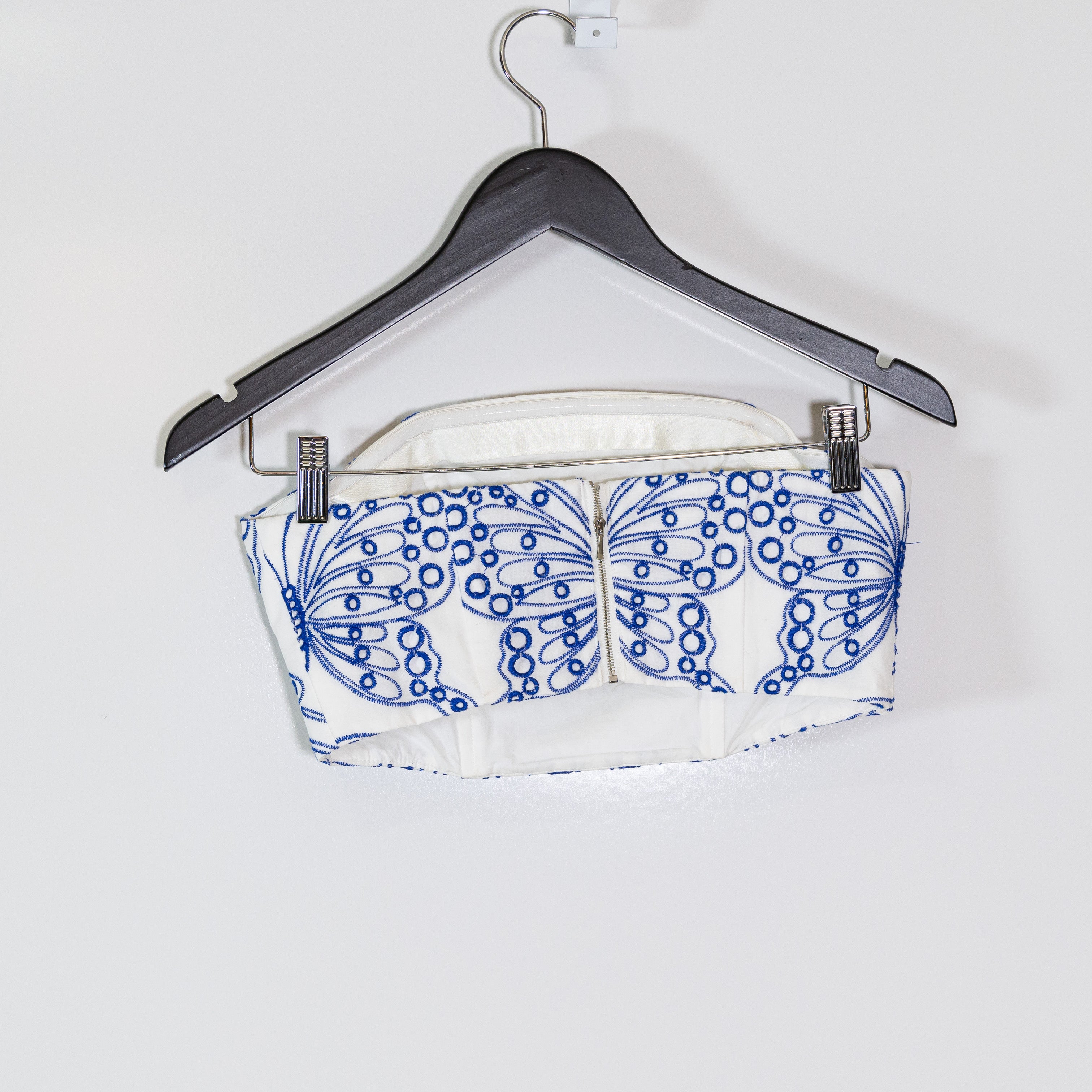 Milly Butterfly Eyelet Embroidered Lace Strapless Corset Crop Top White Blue S
