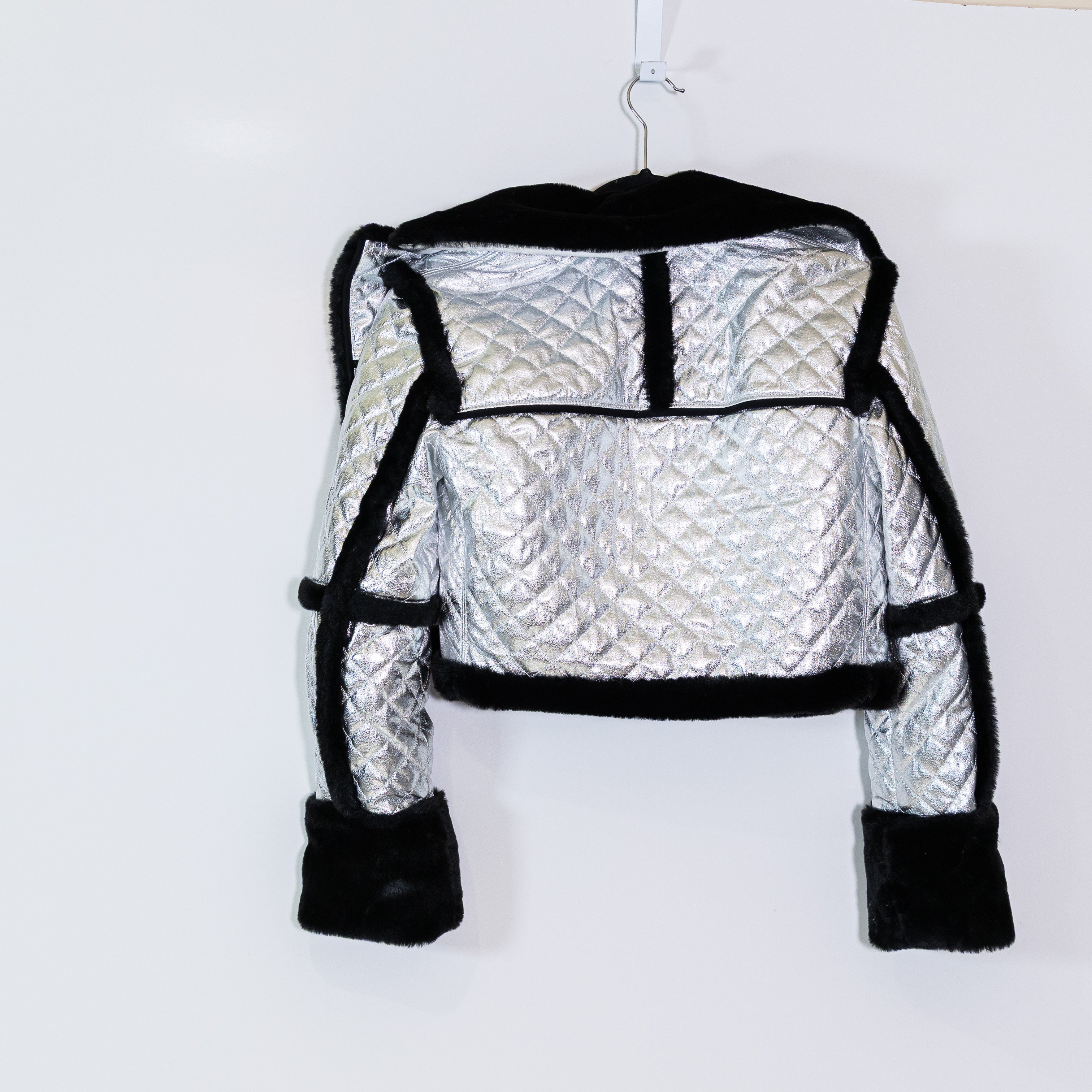 Alice And Olivia Luisana Quilted Metallic Vegan Leather Cropped Coat Silver S