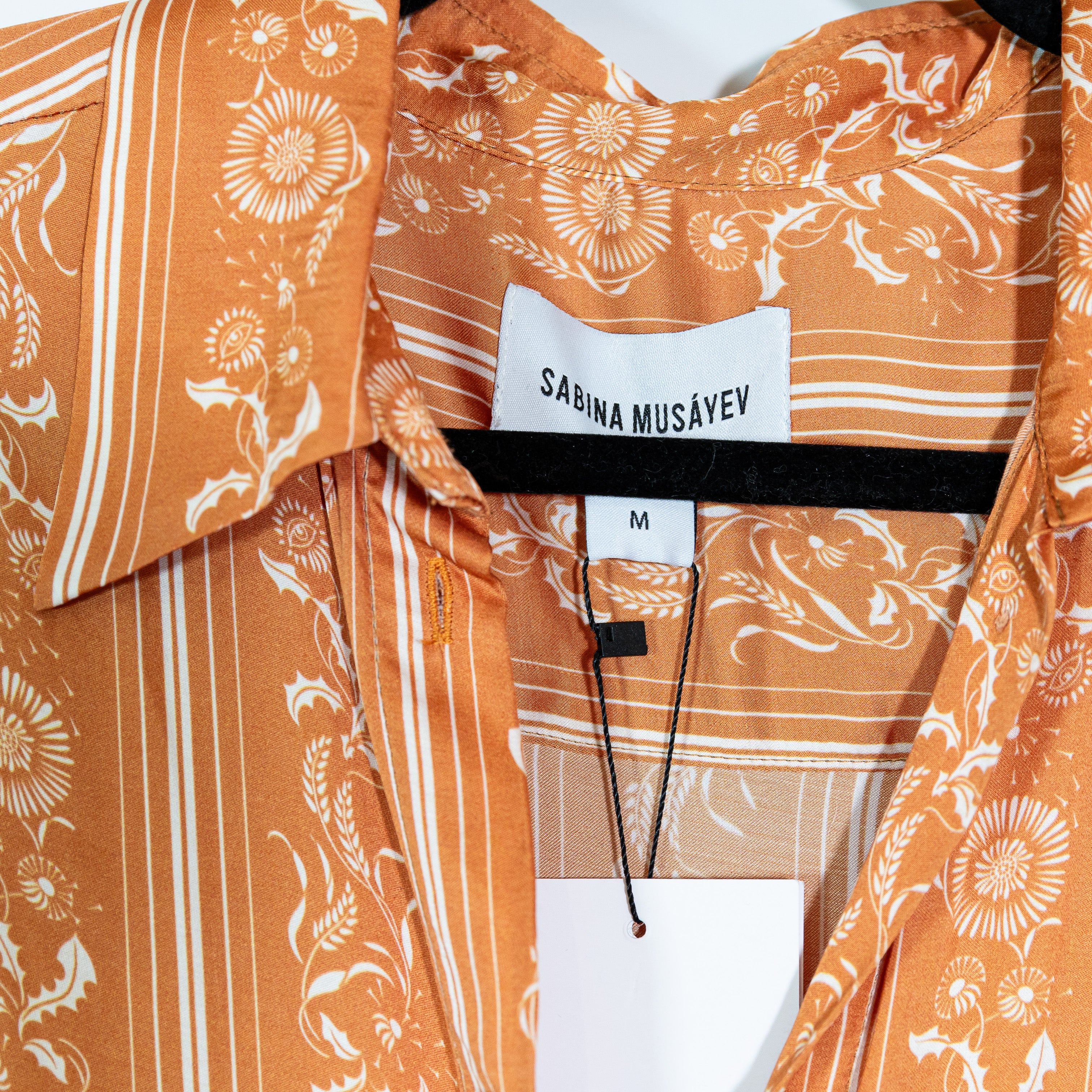 NEW Sabina Musayev Event Button Front Collared Satin Orange Print Top Dress M