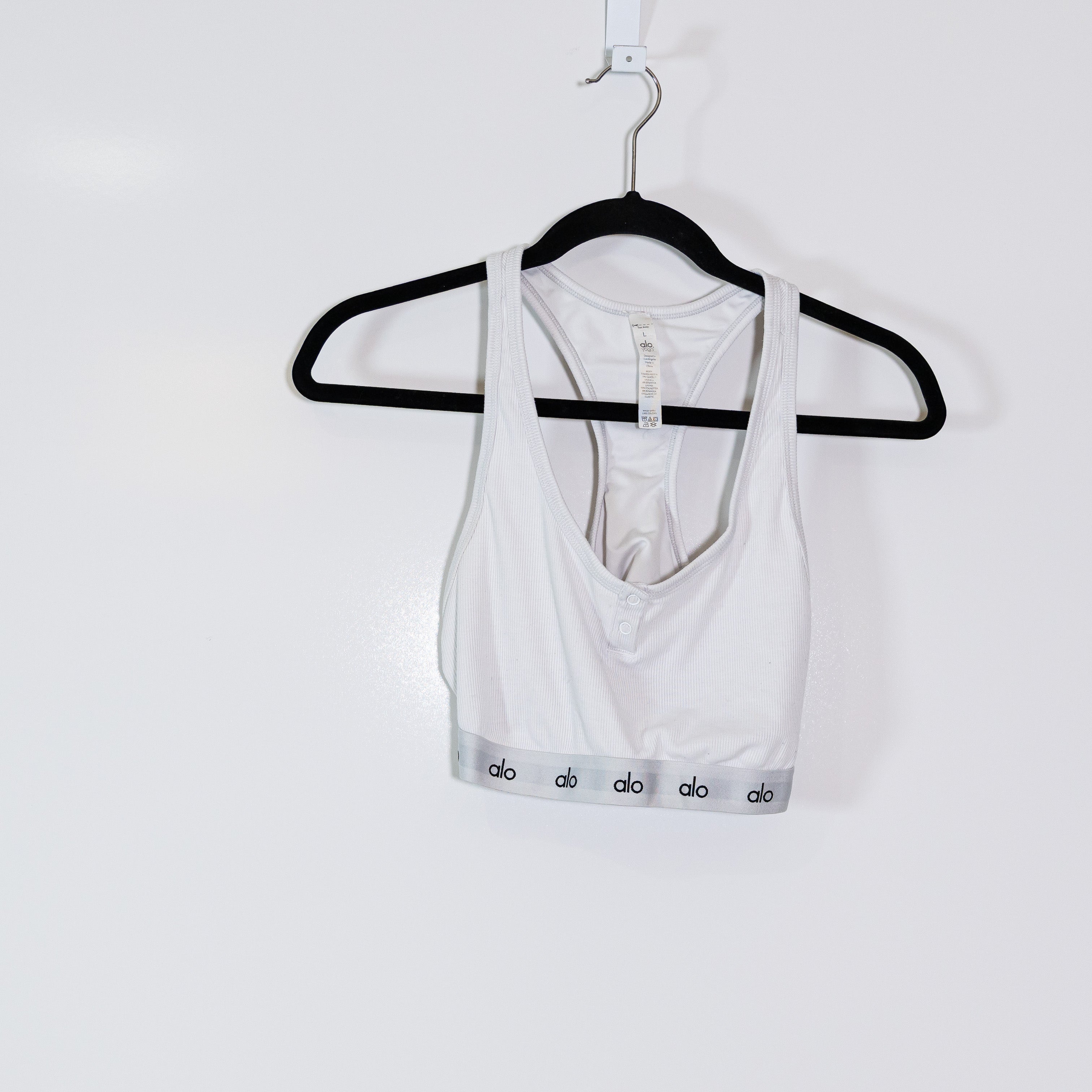 Alo Yoga Logo Women's Icon Ribbed Knit Stretch Henley Sports Bra White Black L