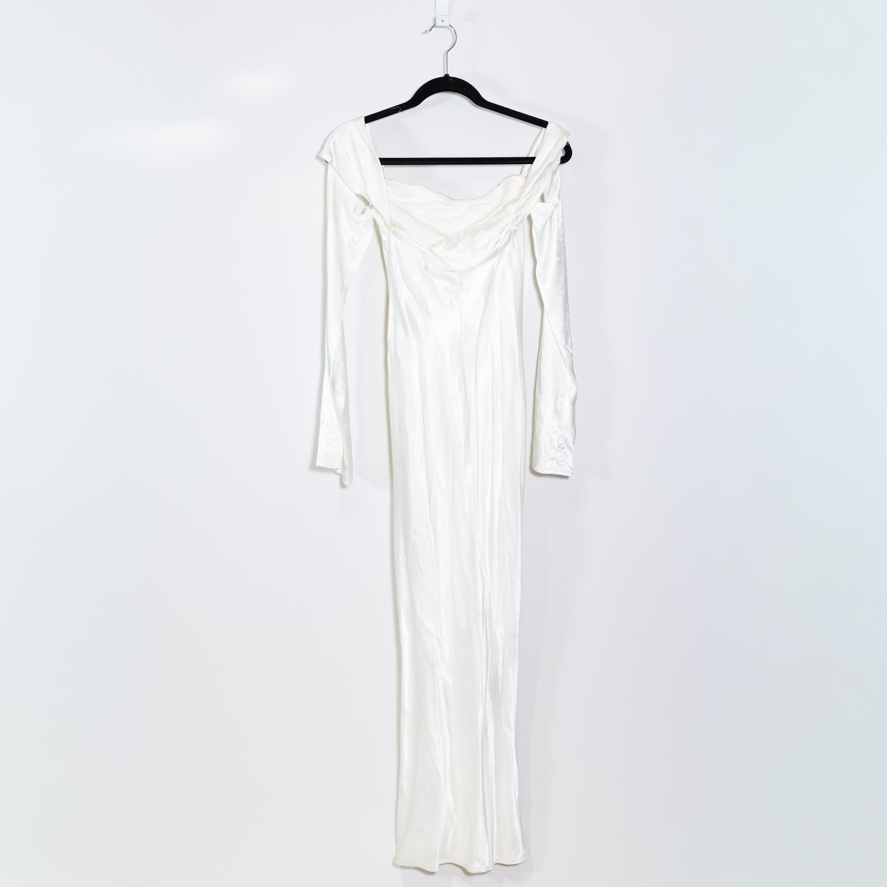 Meshki Giselle Off Shoulder Cowl Neck Long Sleeve Satin Maxi Dress White XS