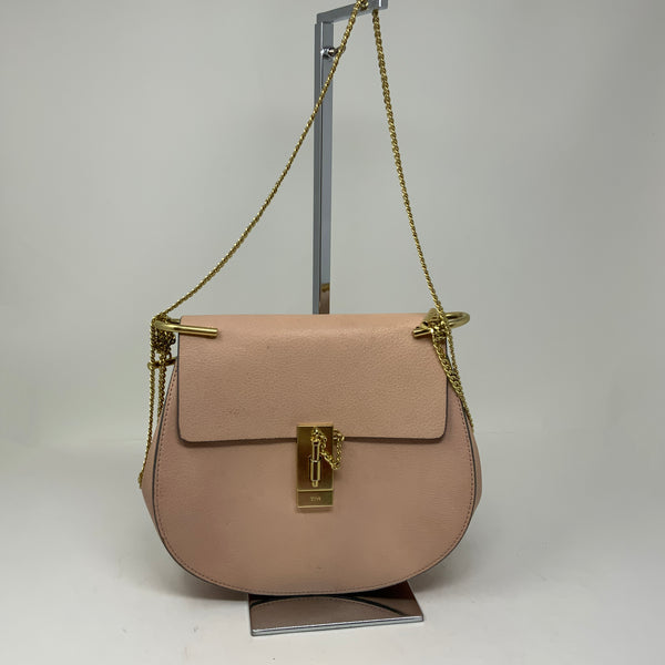 Chloe Drew Genuine Leather Foldover Crossbody Saddle Purse Bag Pink Cream Gold