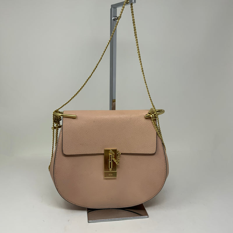 Chloe Drew Genuine Leather Foldover Crossbody Saddle Purse Bag Pink Cream Gold