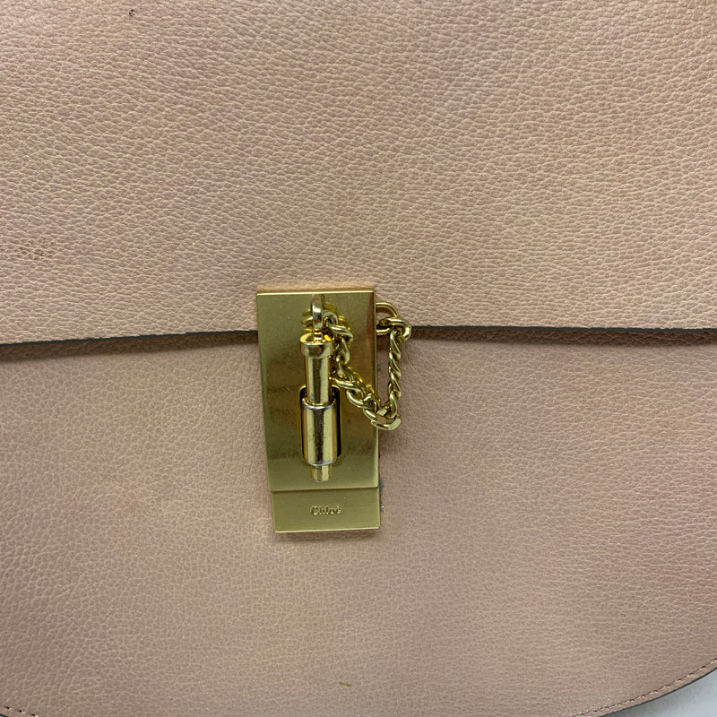 Chloe Drew Genuine Leather Foldover Crossbody Saddle Purse Bag Pink Cream Gold
