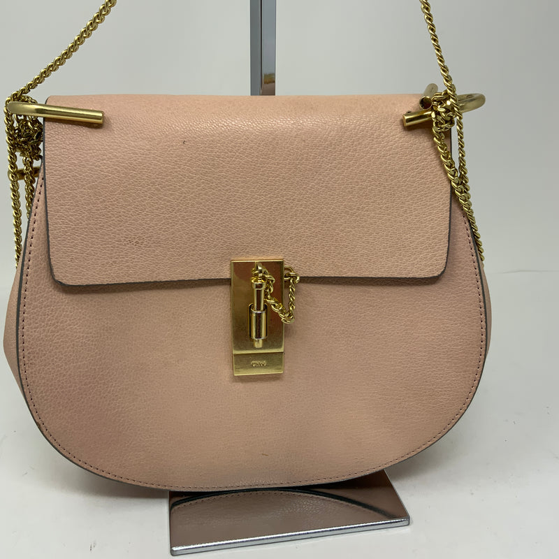 Chloe Drew Genuine Leather Foldover Crossbody Saddle Purse Bag Pink Cream Gold