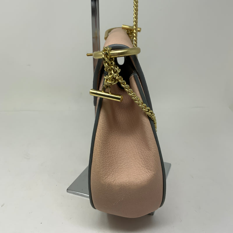 Chloe Drew Genuine Leather Foldover Crossbody Saddle Purse Bag Pink Cream Gold