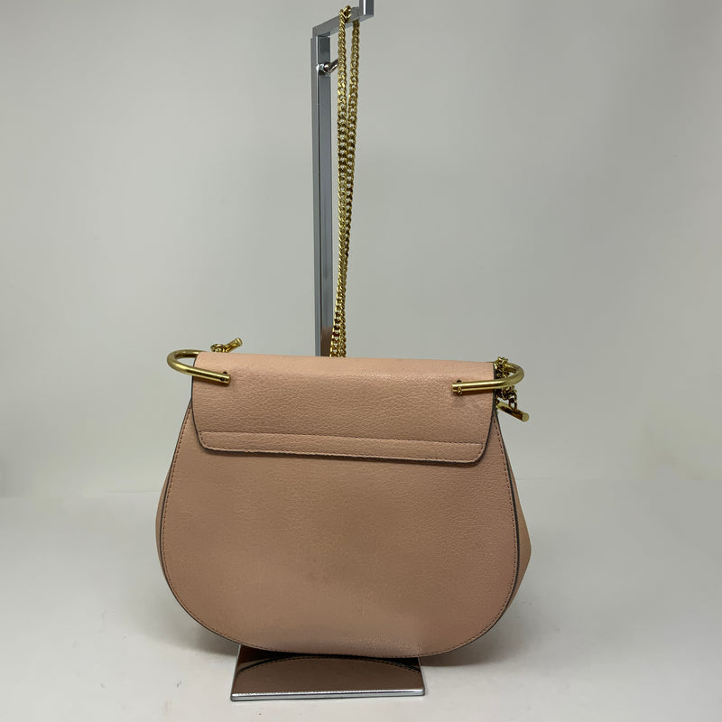 Chloe Drew Genuine Leather Foldover Crossbody Saddle Purse Bag Pink Cream Gold