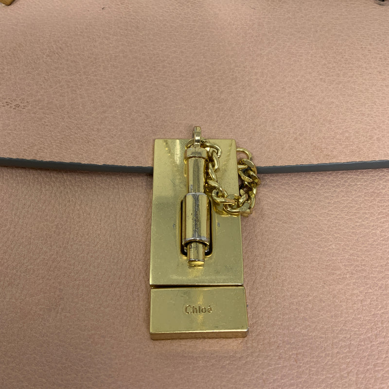 Chloe Drew Genuine Leather Foldover Crossbody Saddle Purse Bag Pink Cream Gold