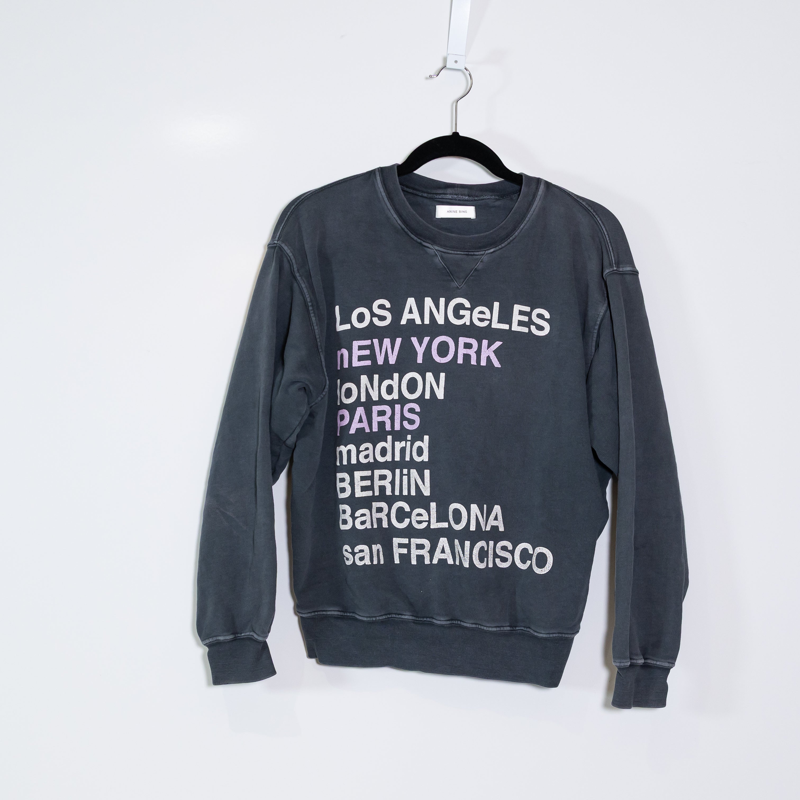 ANINE BING Women's City Love Graphic Print Crew Neck Sweatshirt Sweater Charcoal