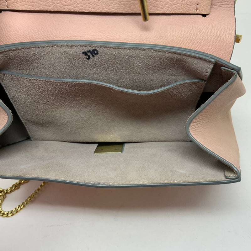 Chloe Drew Genuine Leather Foldover Crossbody Saddle Purse Bag Pink Cream Gold