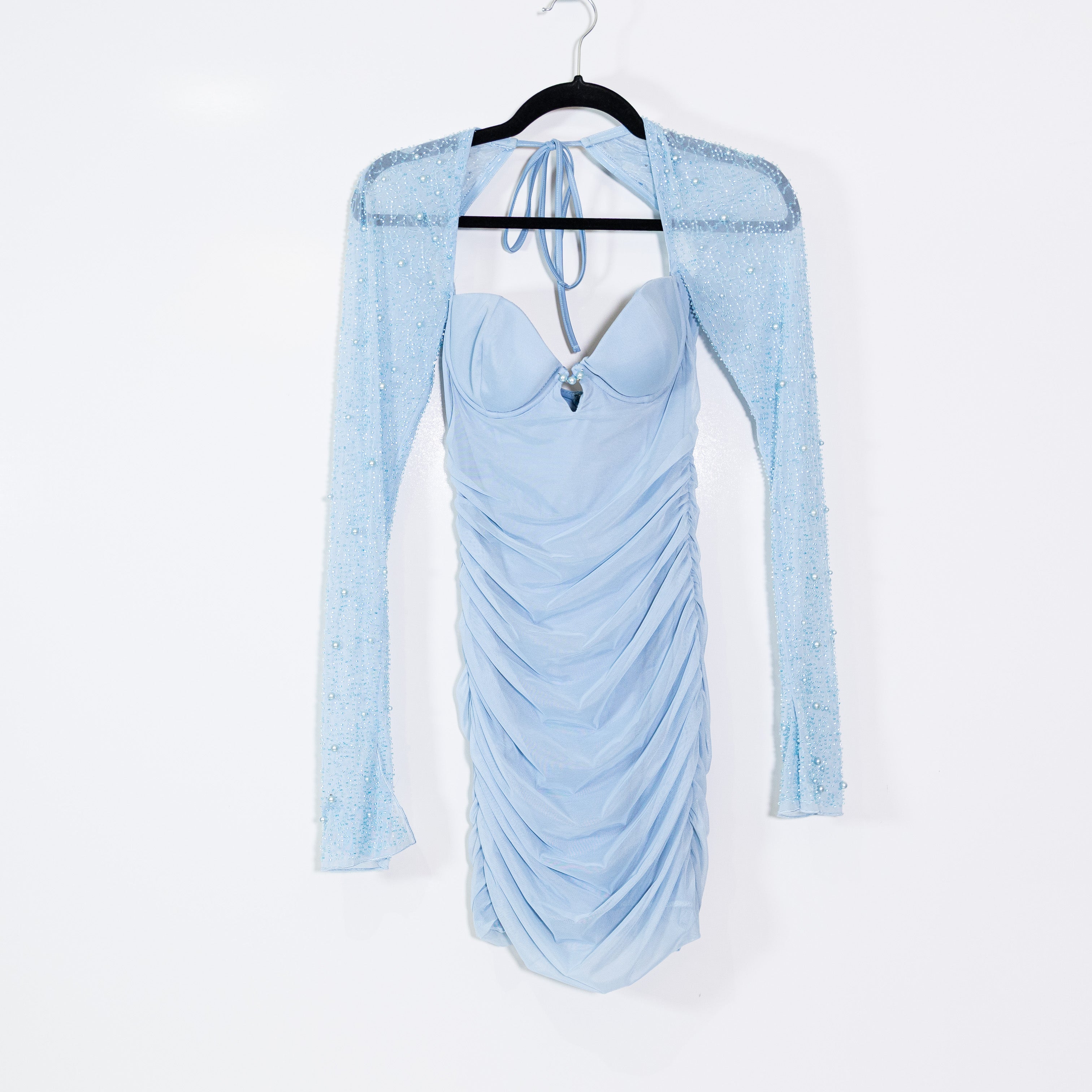 Oh Polly St Germain Embellished Long Sleeve Mini Ruched Chiffon Dress Sky Blue 4