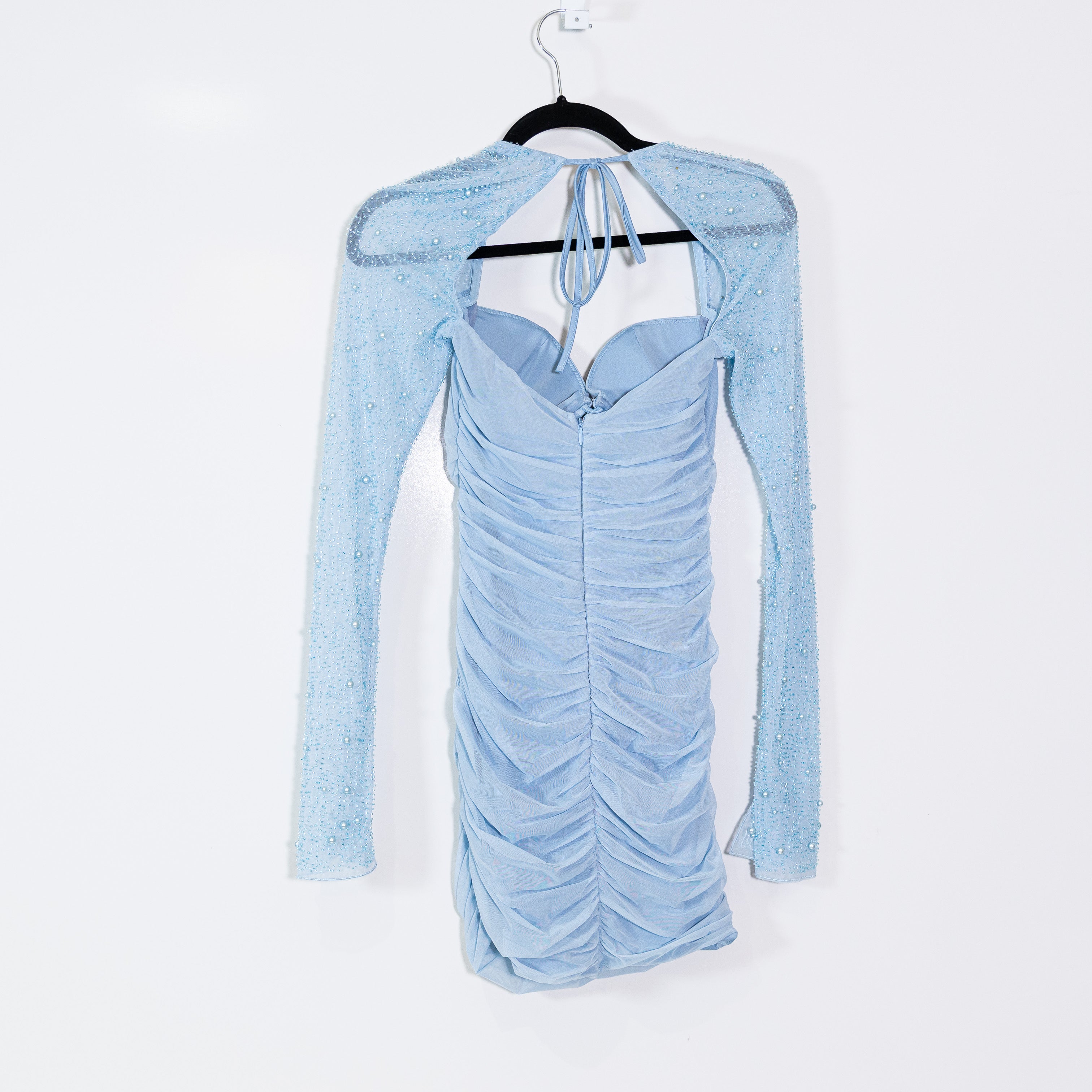 Oh Polly St Germain Embellished Long Sleeve Mini Ruched Chiffon Dress Sky Blue 4